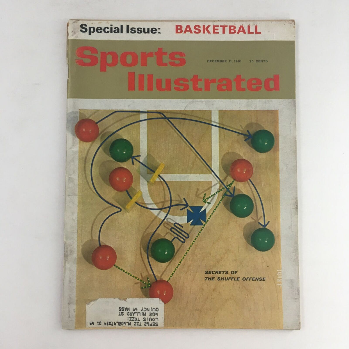 Cover of Sports Illustrated Magazine December 11 1961 featuring the Secrets of The Shuffle Offense, showcasing a basketball strategy diagram with colored balls on a court layout.
