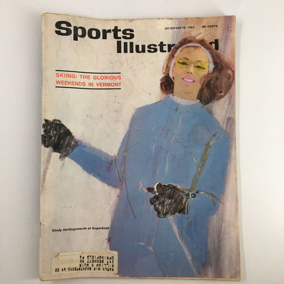 Vintage Sports Illustrated Magazine Cover featuring Cindy Hollingsworth, November 18, 1963, showcasing skiing at Sugarbush, Vermont.