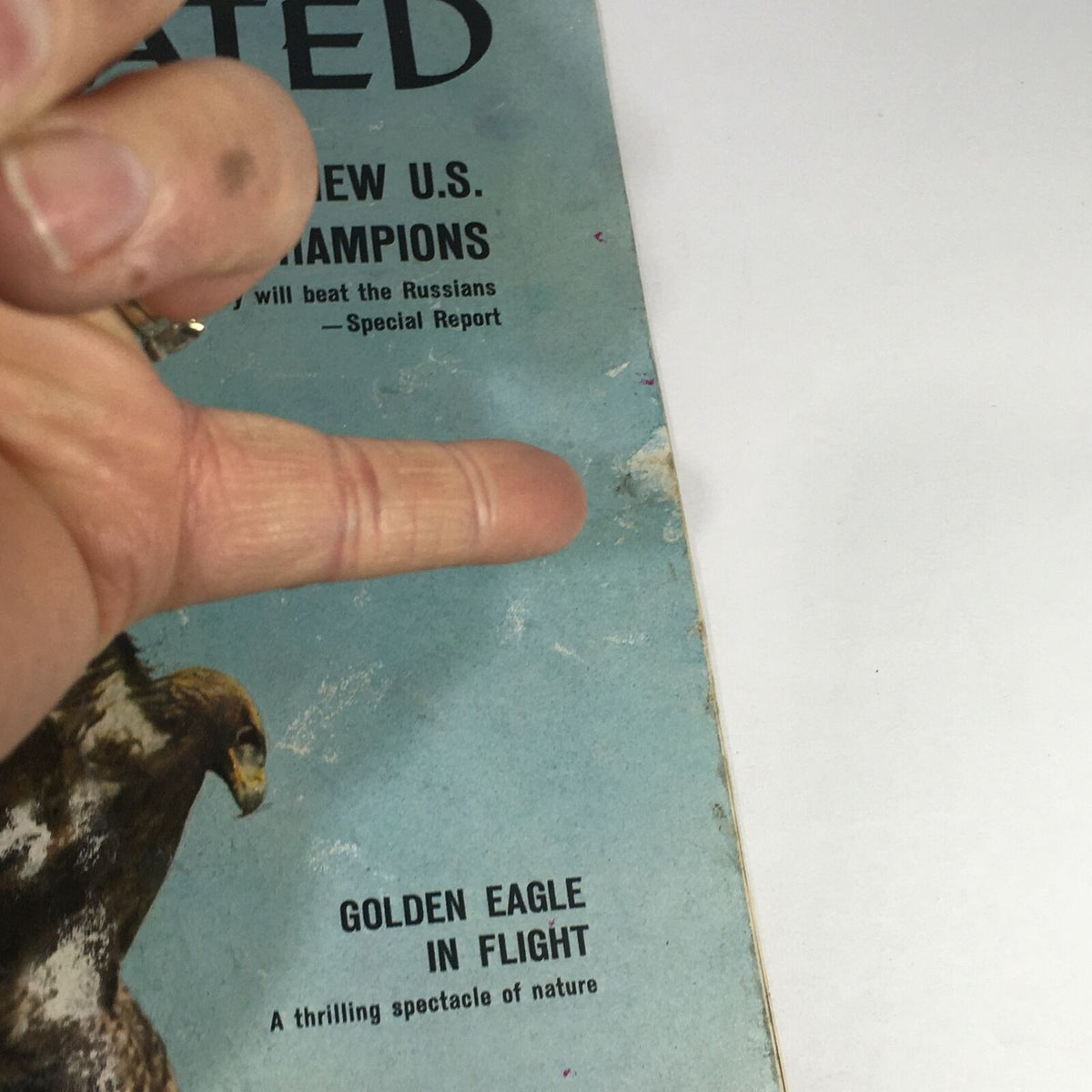 Close-up view of the VTG Sports Illustrated Magazine June 29 1959 cover, featuring the title and a visual of the Golden Eagle in Flight. Notable wear is visible on the edges.