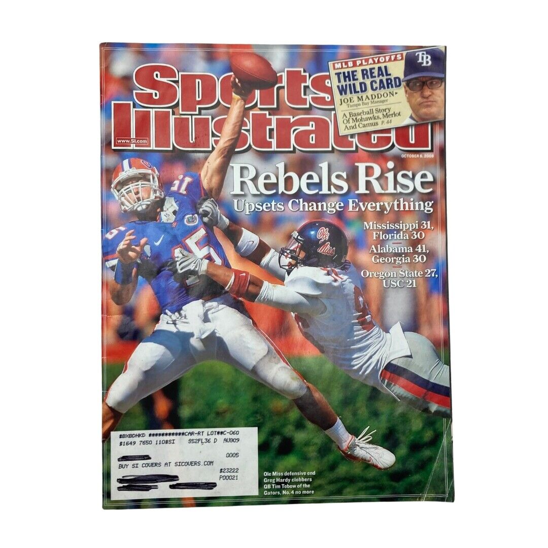 Cover of Sports Illustrated Magazine dated October 6, 2008, featuring Rebels Rise and a football game snapshot, highlighting the upset events in college football, including Mississippi and Florida.