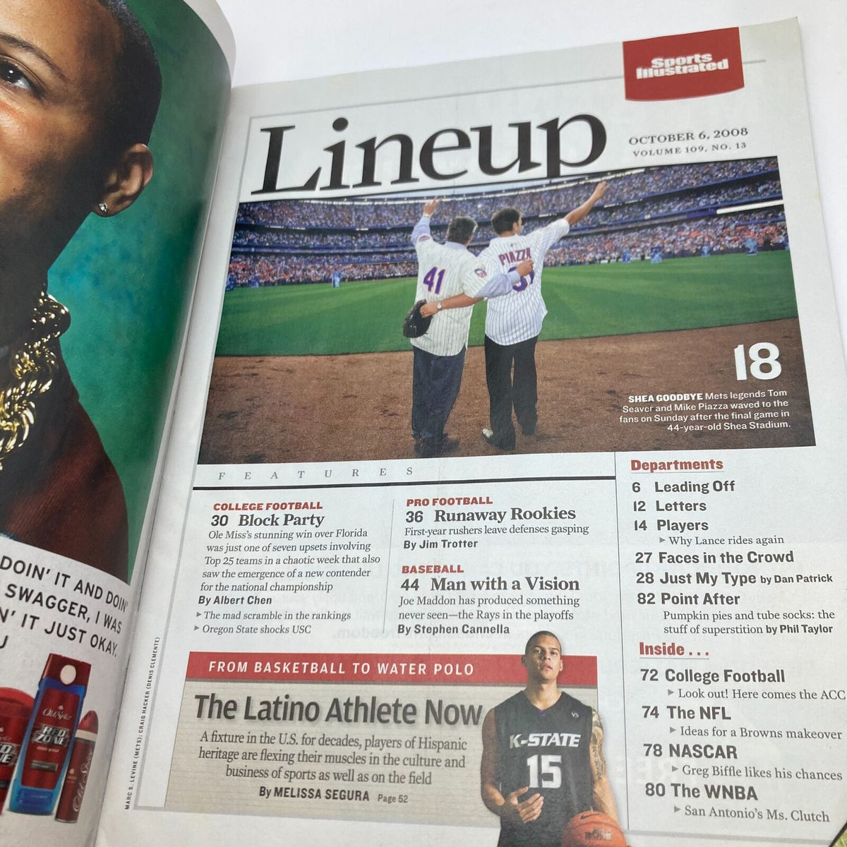 Inside page of Sports Illustrated Magazine October 6, 2008, showing the Lineup section with various features including college football and basketball, showcasing athletic events of the era.