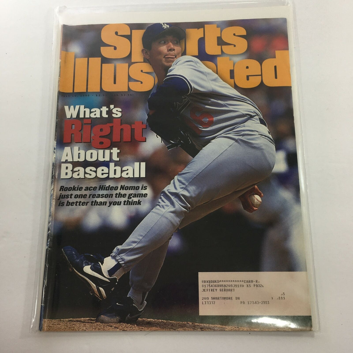 Cover of Sports Illustrated: July 10, 1995 featuring Rookie Ace Baseball player Hideo Nomo in action, with a bold title emphasizing 'What's Right About Baseball'.