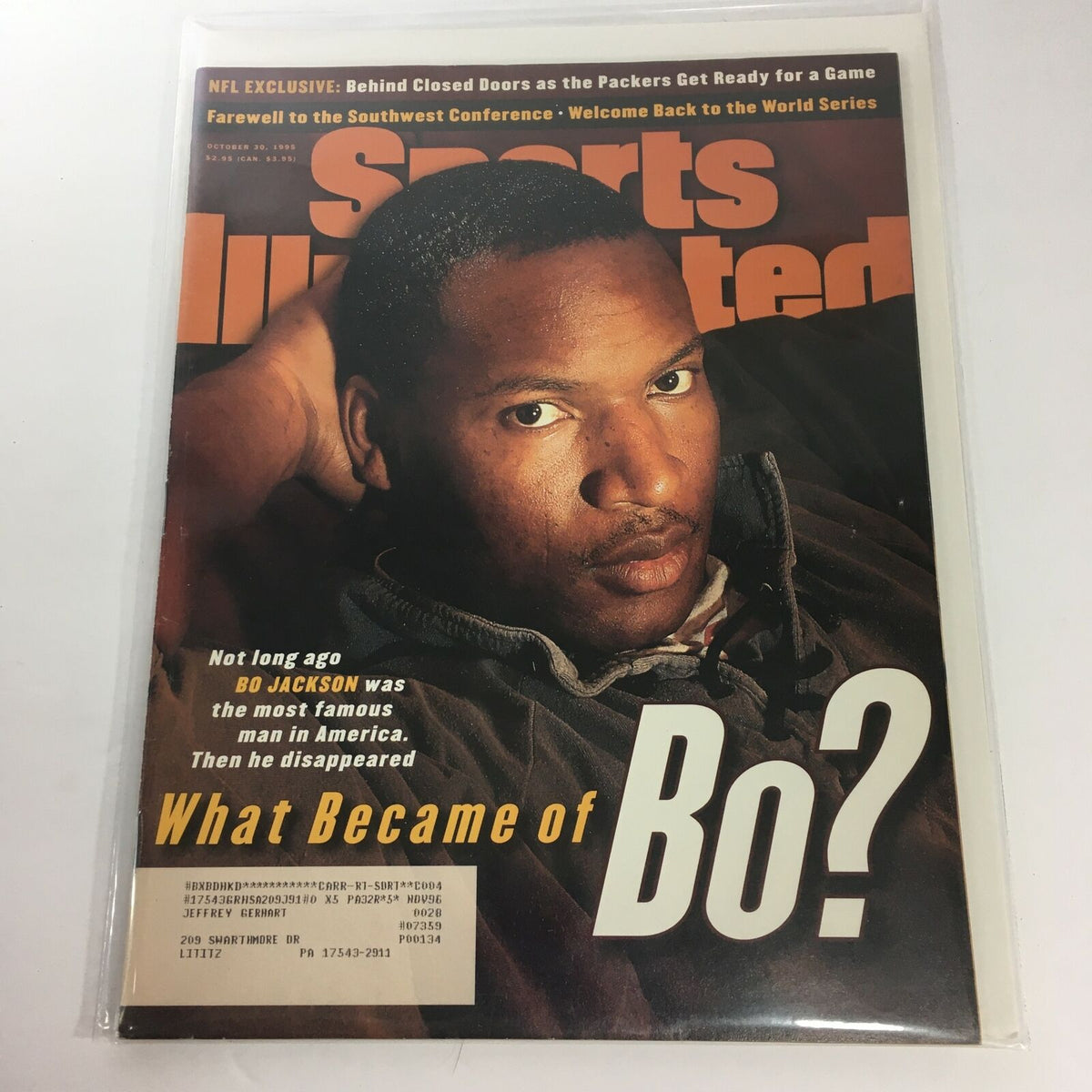 Cover of Sports Illustrated magazine from October 30, 1995, featuring an article titled 'What Became of Bo?' highlighting Bo Jackson, known as 'The Most Famous Man in America.' The magazine showcases Jackson's image, emphasizing his significance in sports history.