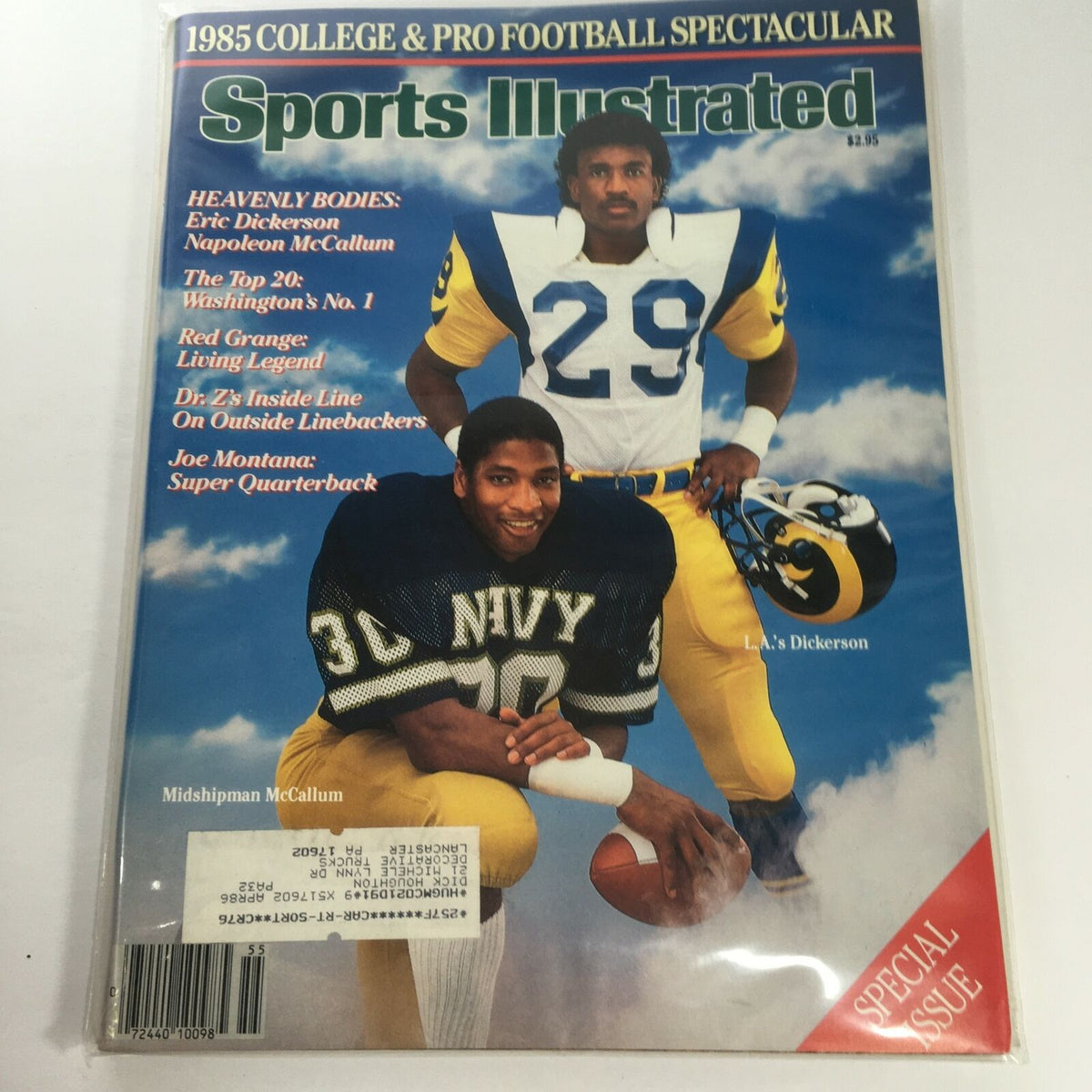 Cover of Sports Illustrated: 1985 - College & Pro Football's McCallum & Dickerson featuring Eric Dickerson and Napoleon McCallum, showcasing the iconic athletes in football uniforms with promotional highlights.