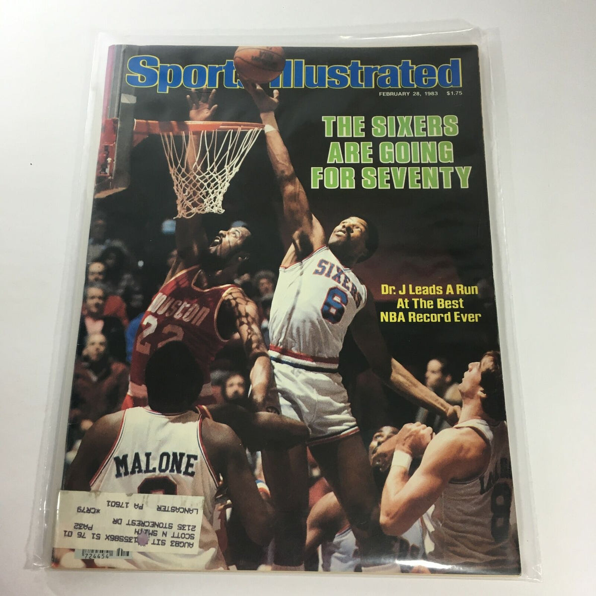 Sports Illustrated cover from February 28, 1983, featuring the headline 'The Sixers Are Going For Seventy'. The image illustrates an intense basketball moment with players jumping for a rebound.