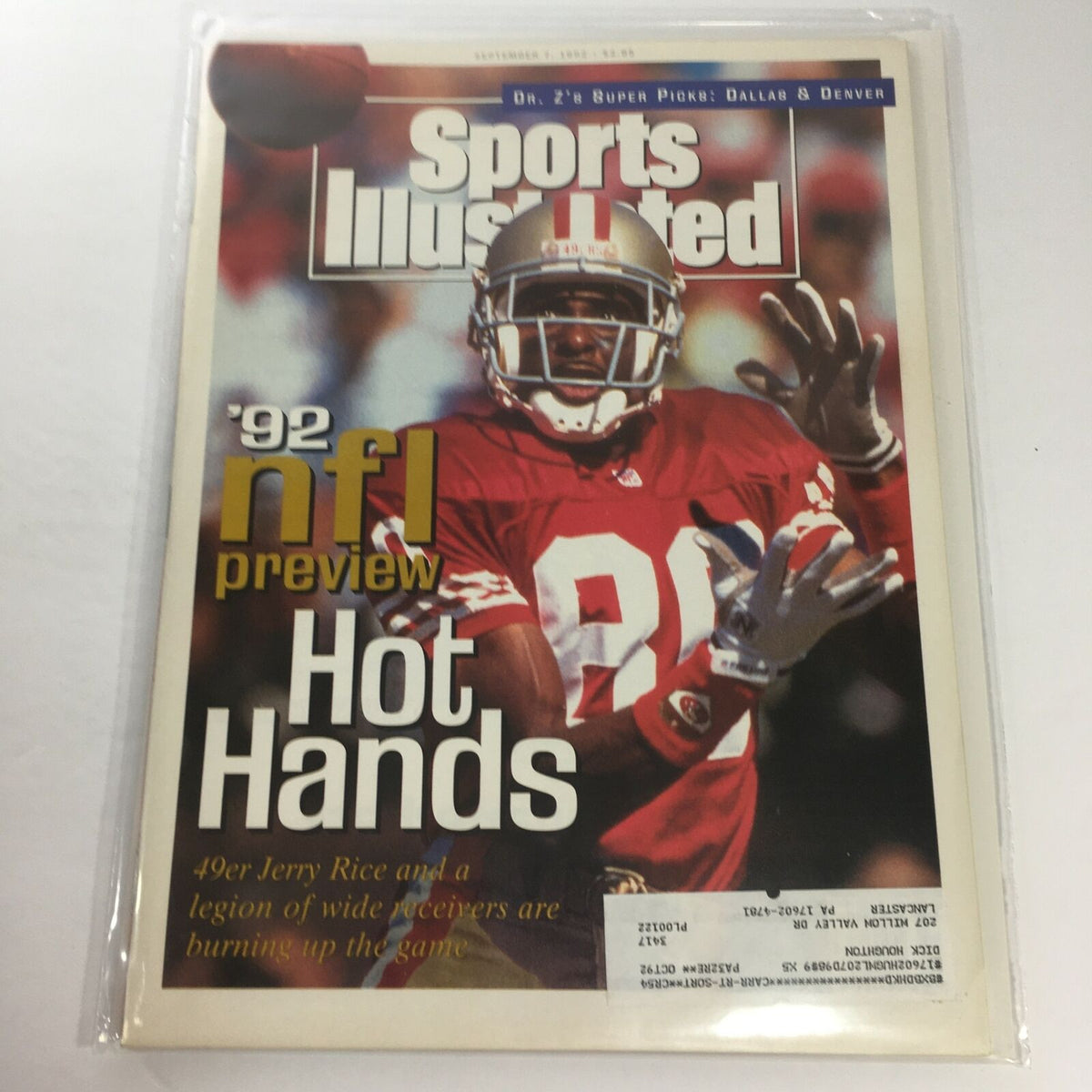 Cover of Sports Illustrated from September 7, 1992, featuring the NFL Preview with a focus on Jerry Rice, highlighted as 'Hot Hands'.