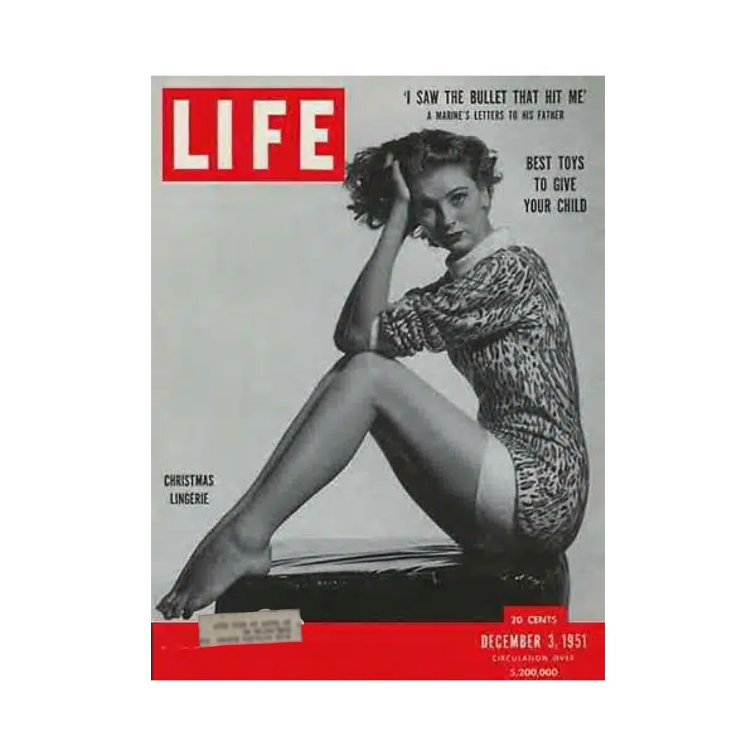 Cover of VTG Life Magazine from December 3, 1951 featuring a model in Christmas lingerie, promoting 'Best Toys to Give Your Child' and a story titled 'I Saw The Bullet That Hit Me.'