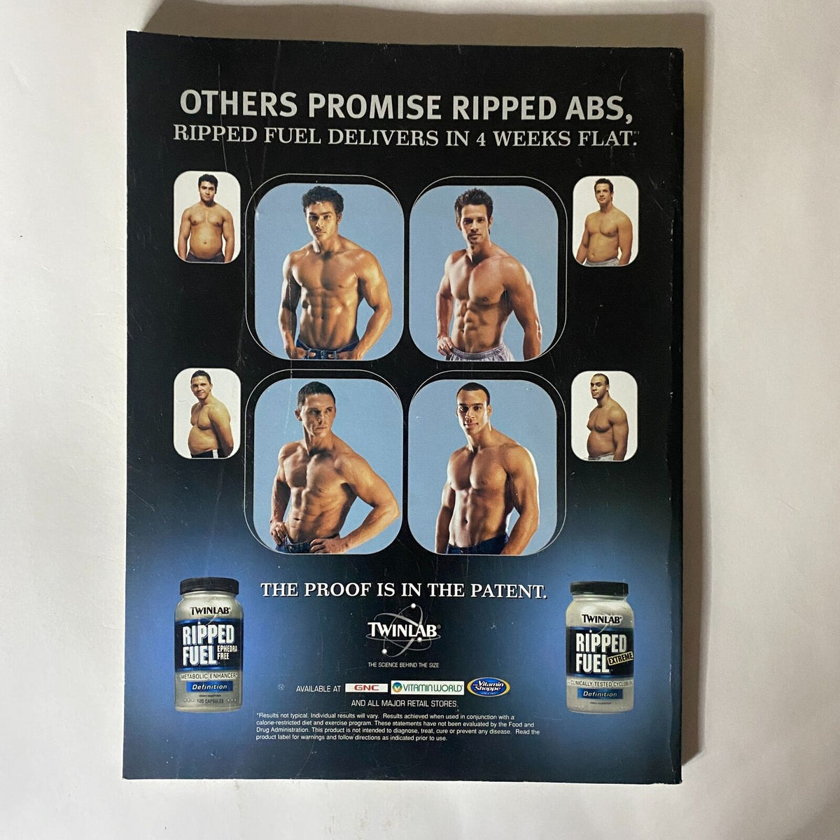 Back cover of Fitness RX Magazine May 2004, featuring an advertisement for Ripped Fuel, promoting fitness results and showcasing images of muscular models highlighting fitness and wellness.