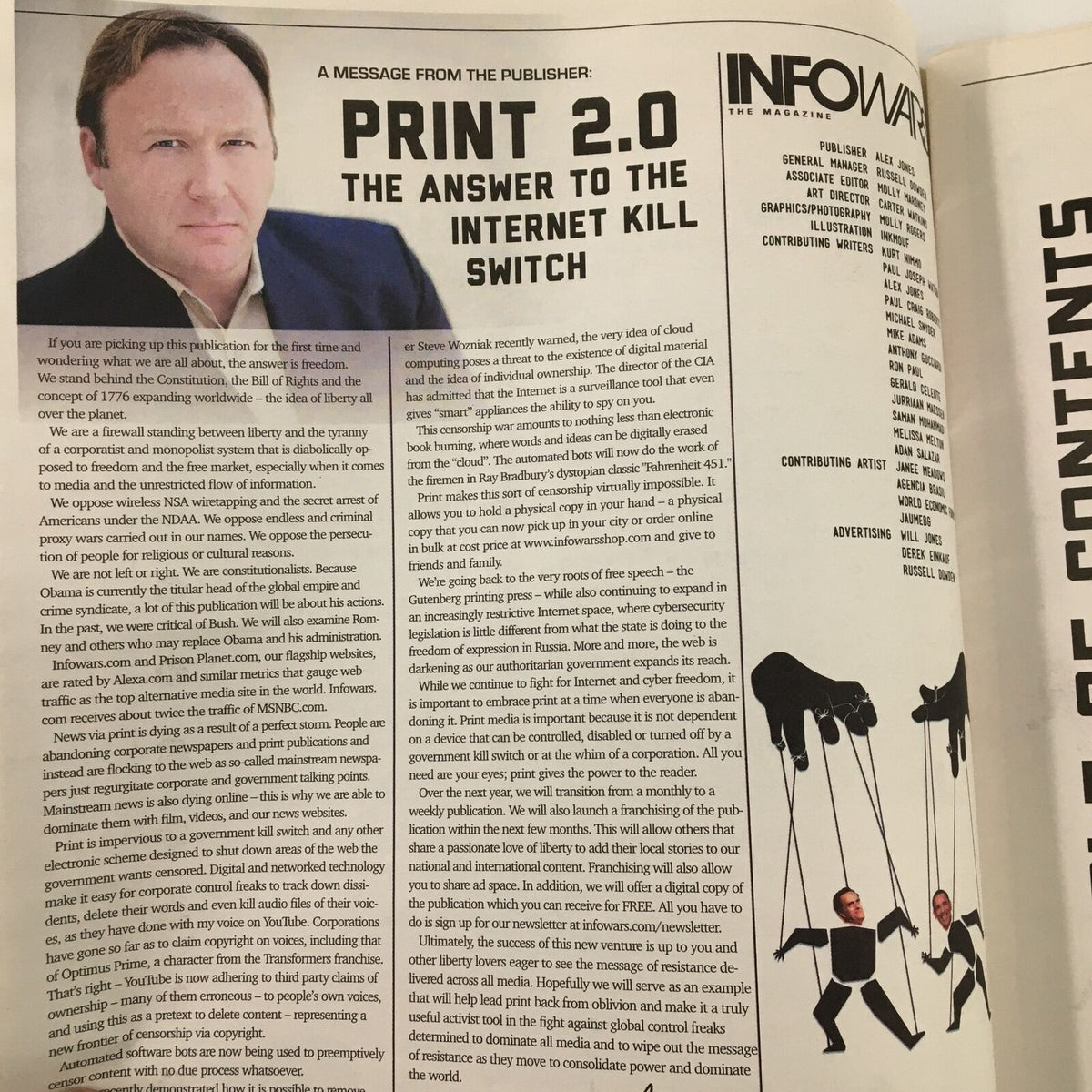 Interior page of Infowars 1st Edition Magazine September 2012 showing a message from the publisher discussing 'Print 2.0: The Answer to the Internet Kill Switch', accompanied by an image of Alex Jones.