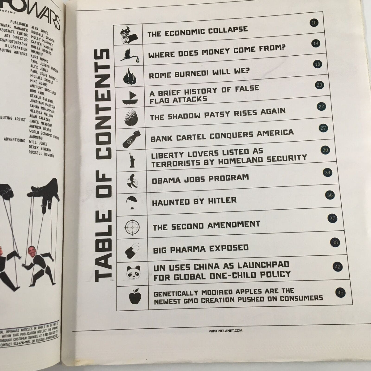 Table of contents from the Infowars 1st Edition Magazine September 2012 outlining topics like The Economic Collapse and related articles.