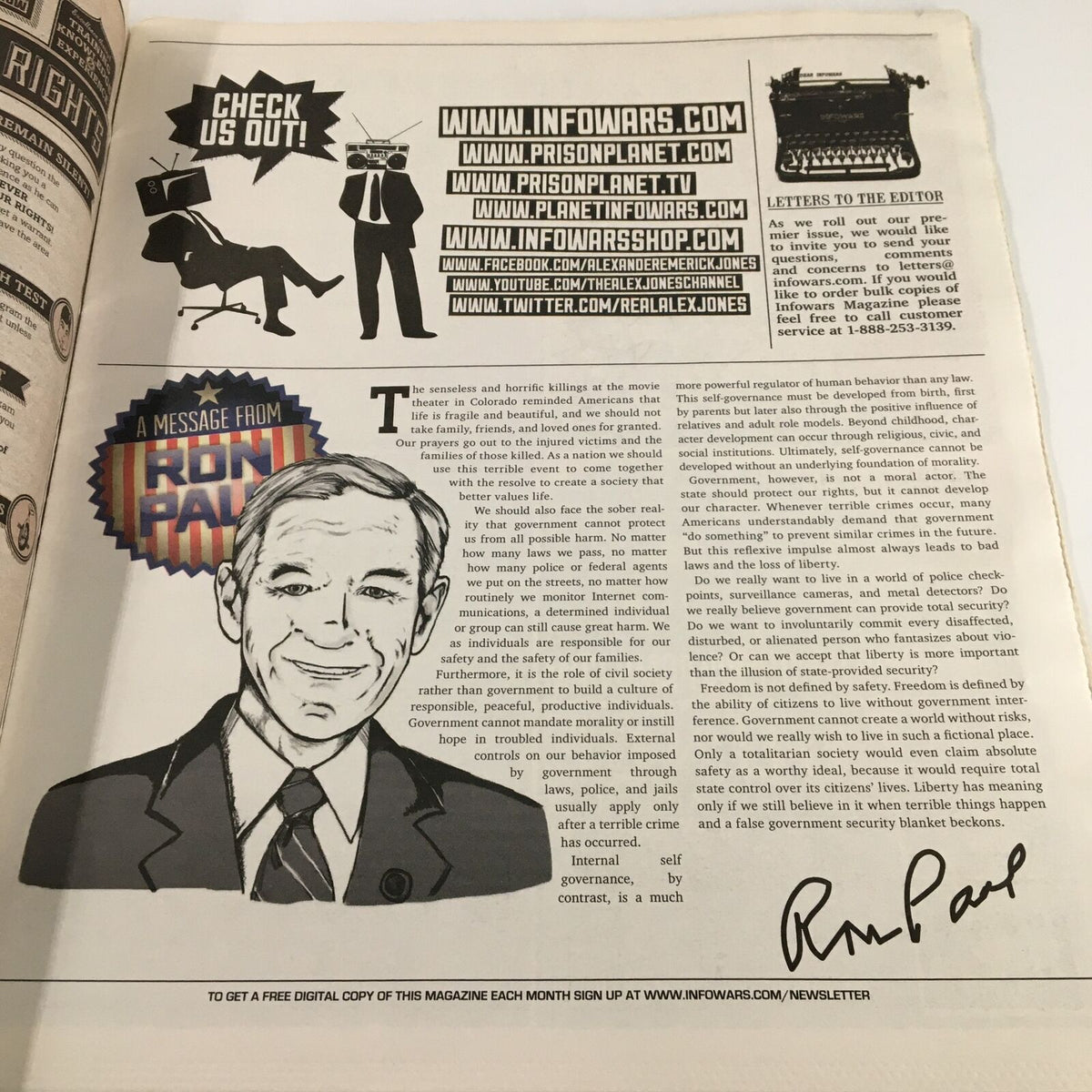 Message from Ron Paul in Infowars 1st Edition Magazine September 2012, promoting political engagement and transparency.