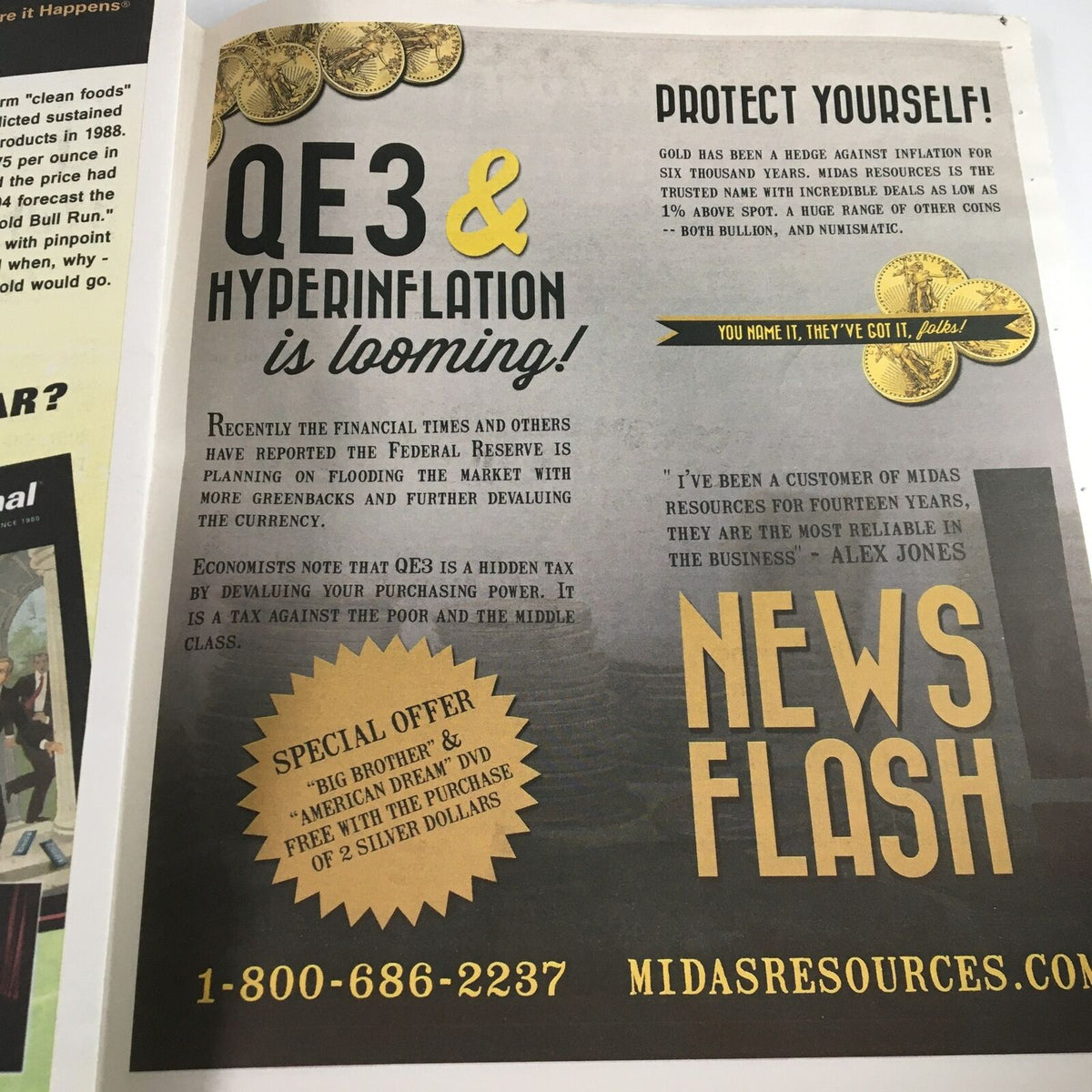 Ad discussing QE3 and hyperinflation in Infowars 1st Edition Magazine September 2012, highlighting economic concerns.