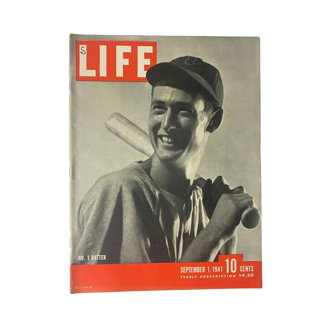 Life Magazine September 1, 1941 cover featuring Boston Red Sox player Ted Williams, showcasing his smiling profile with a bat. This vintage magazine represents a significant moment in sports history.