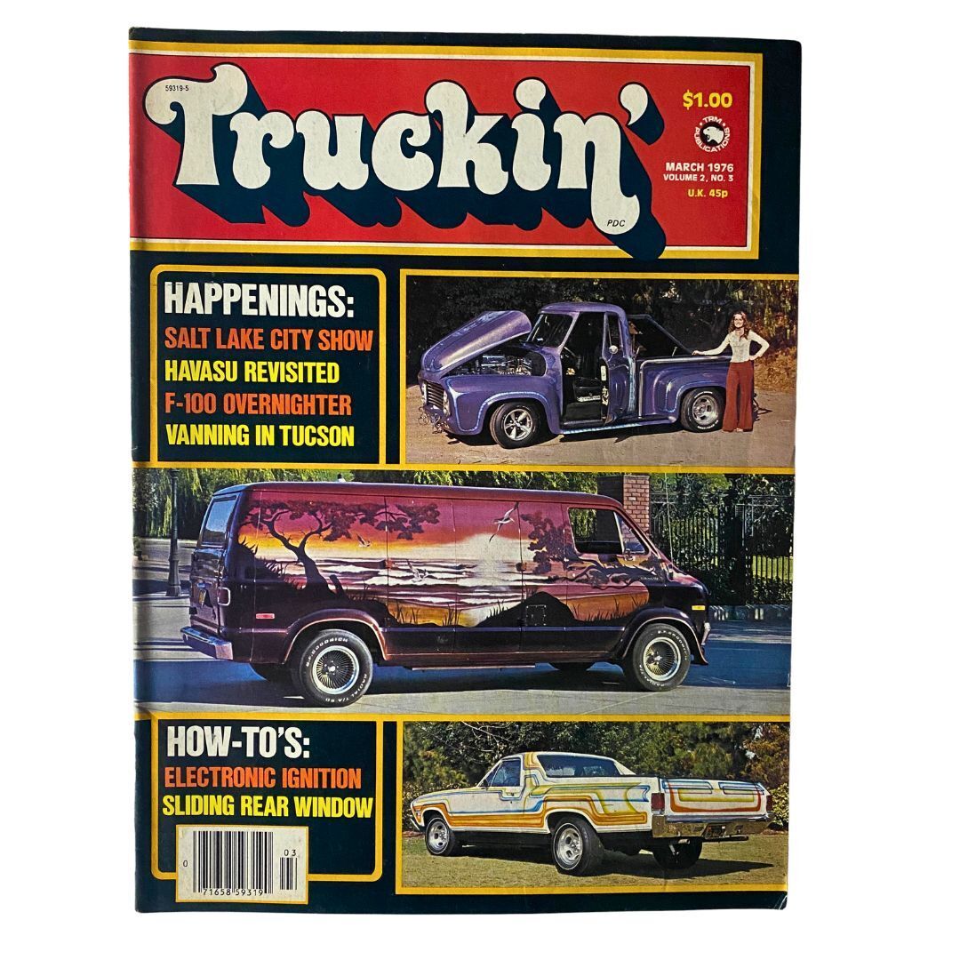 Cover of Truckin' Magazine March 1976 showcasing events from the Salt Lake City Truck Show, featuring vintage trucks and vibrant design.
