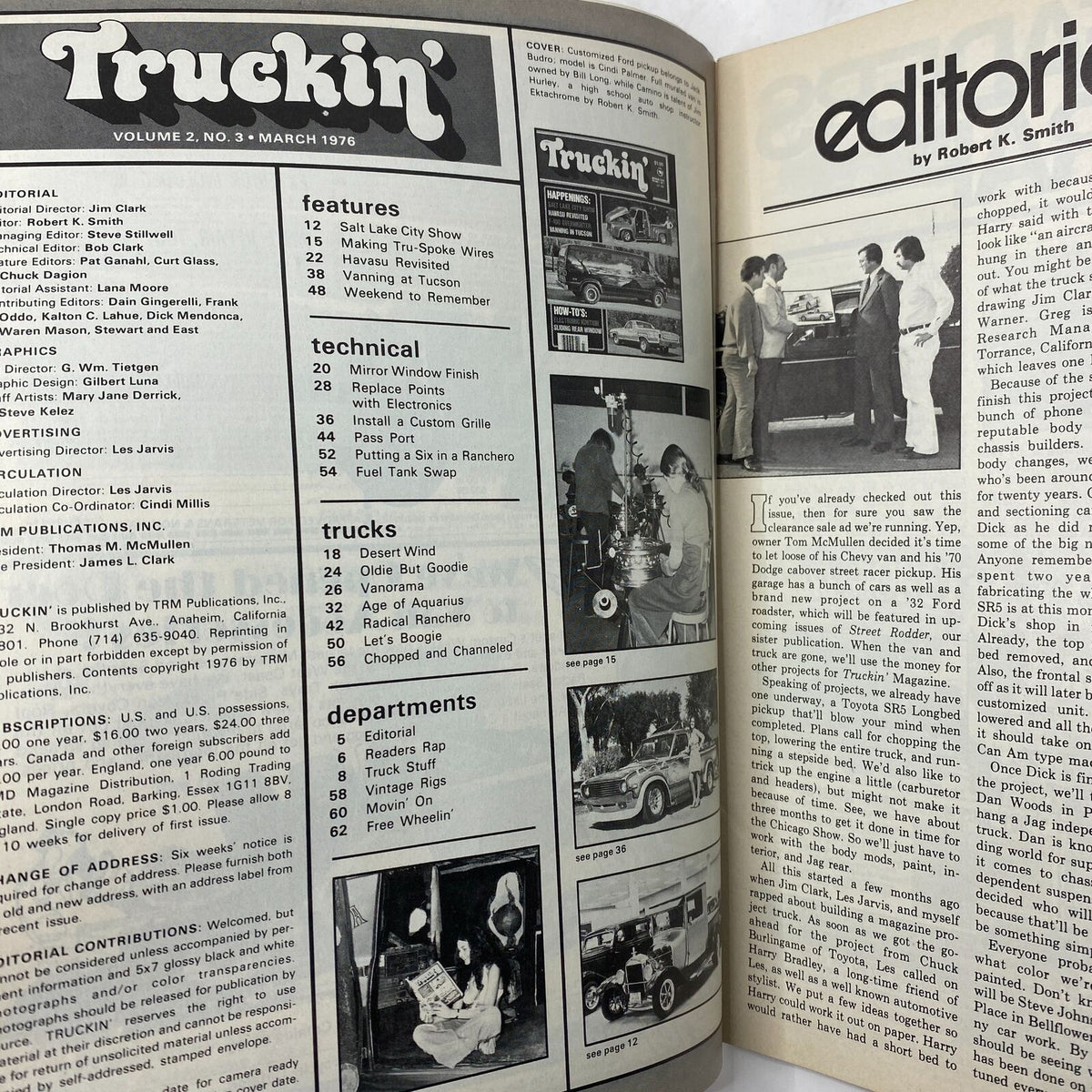 Inside page of Truckin' Magazine March 1976, displaying editorial content and features about the vintage trucking culture.