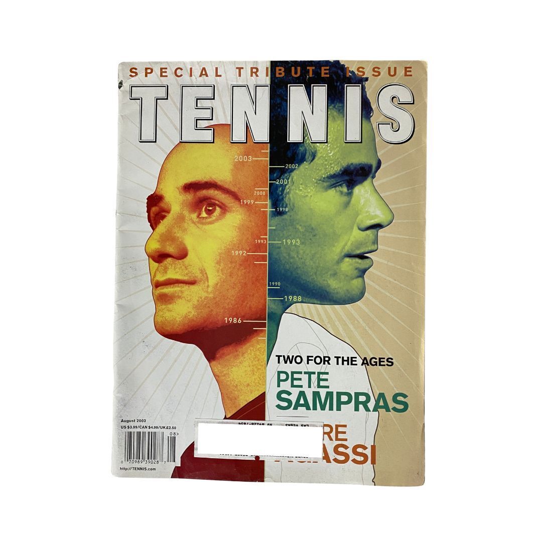 Cover of Tennis Magazine August 2003 featuring tennis legends Pete Sampras and Andre Agassi, highlighting their iconic rivalry and significance in tennis history.