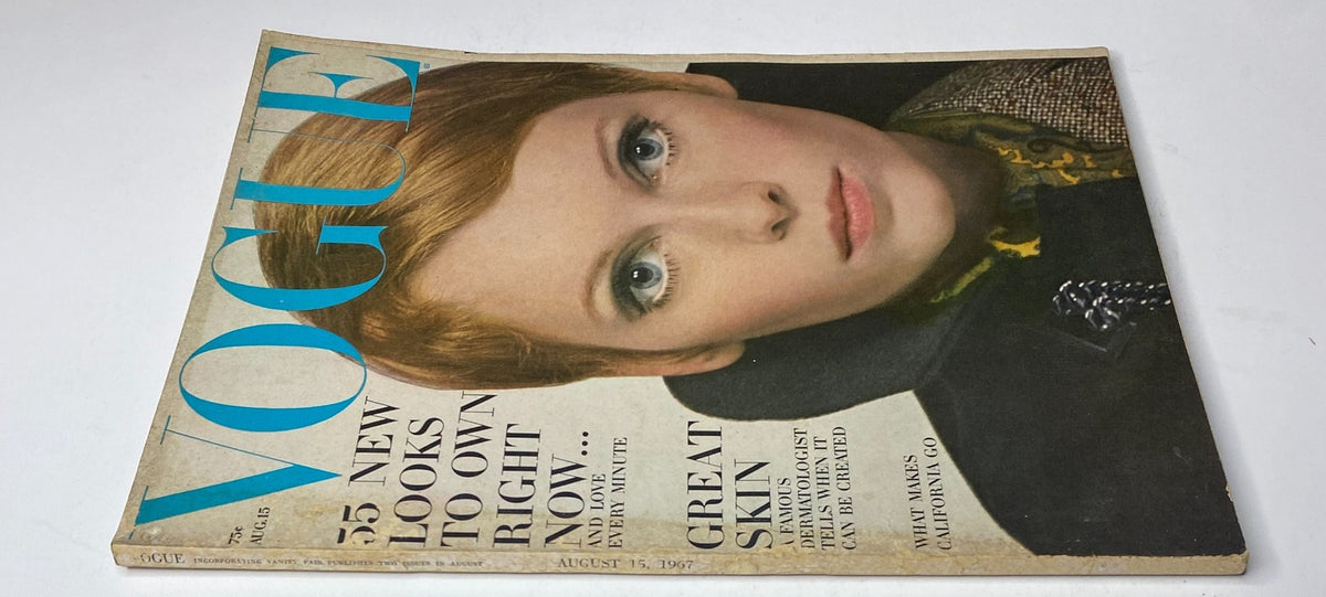 Vogue Magazine August 15, 1967 cover angle showcasing a model's vivid expression, emphasizing the magazine’s focus on contemporary style and trends.