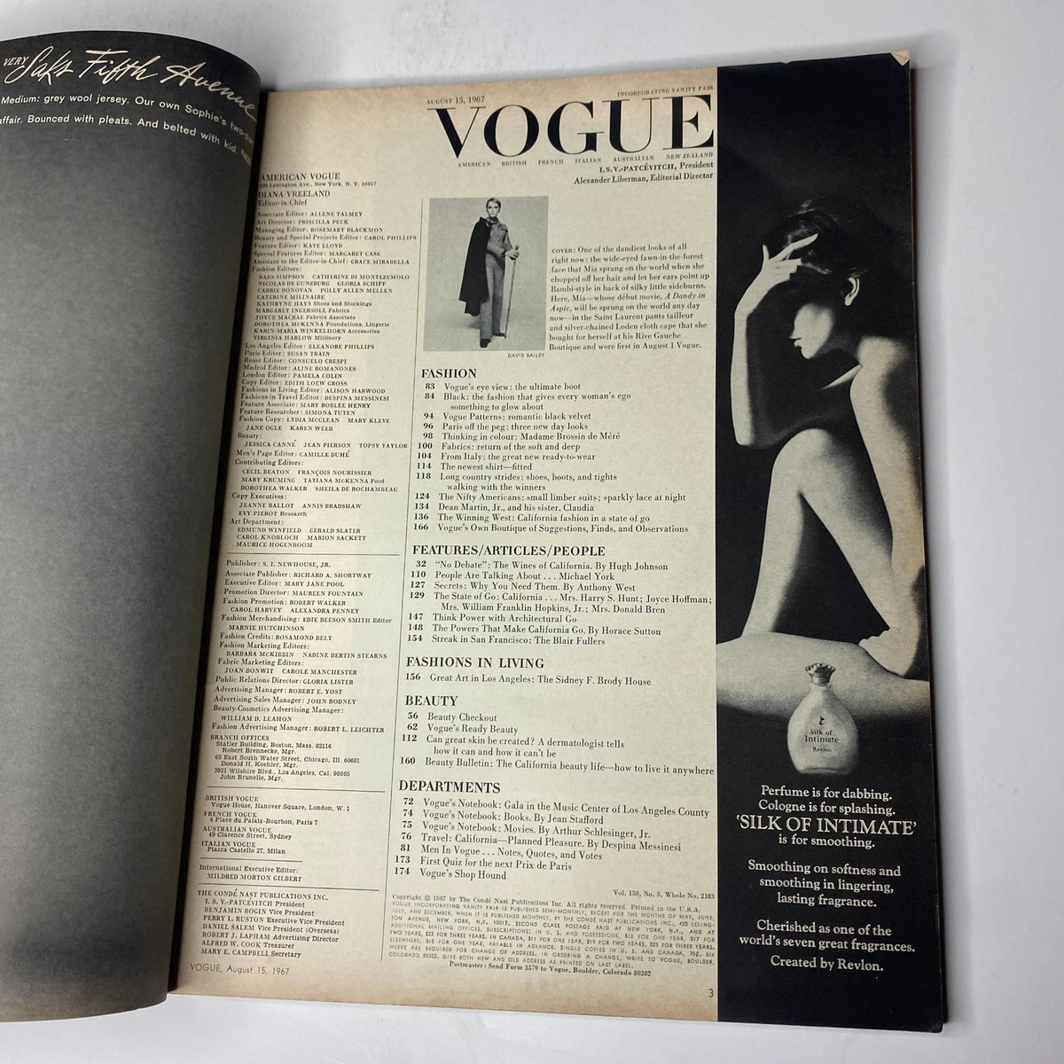 Inside page of Vogue Magazine August 15, 1967, displaying fashion content and articles, highlighting the magazine's dedication to style and beauty.