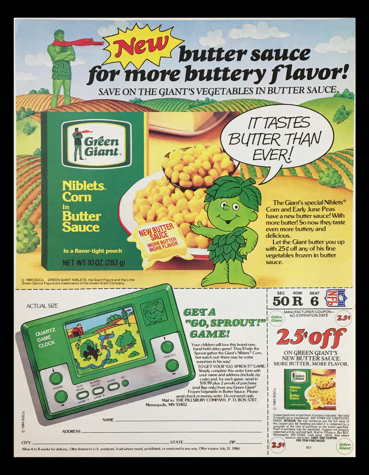 1984 Green Giant Niblets Corn in Butter Sauce Circular Coupon Advertisement featuring a vibrant design with the Green Giant mascot, showcasing the products and a coupon offer.