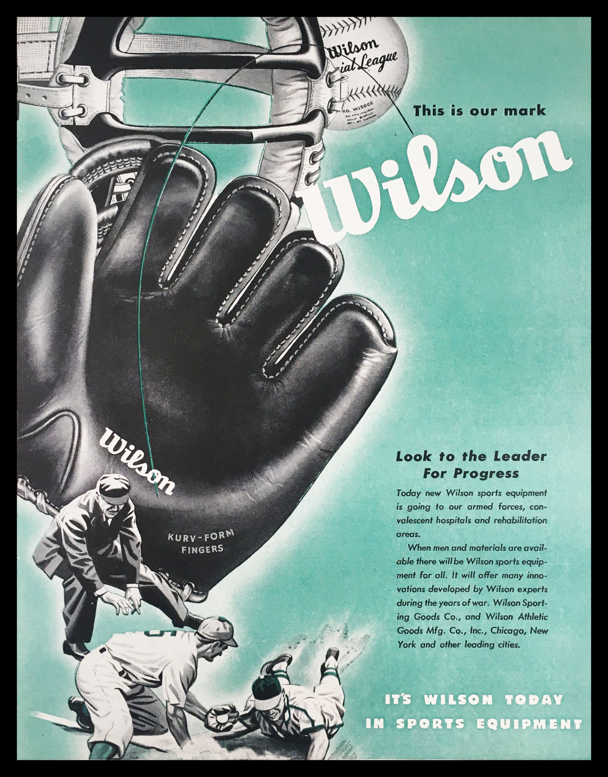 1945 Wilson Kurv-Form Fingers Vintage Print Ad featuring a classic baseball glove design and vintage typography, highlighting the innovation in sports equipment of the mid-20th century.