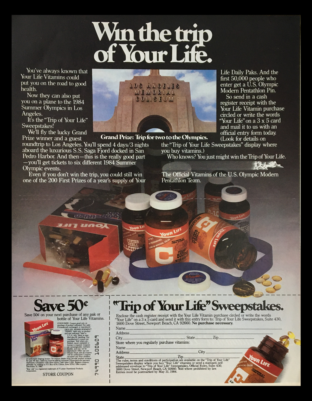 1984 Trip of Your Life Sweepstakes Circular Coupon Advertisement featuring details about winning a trip to the 1984 Summer Olympics, showcasing 'Your Life' vitamins, prizes, and promotional instructions. Good condition with original print elements.