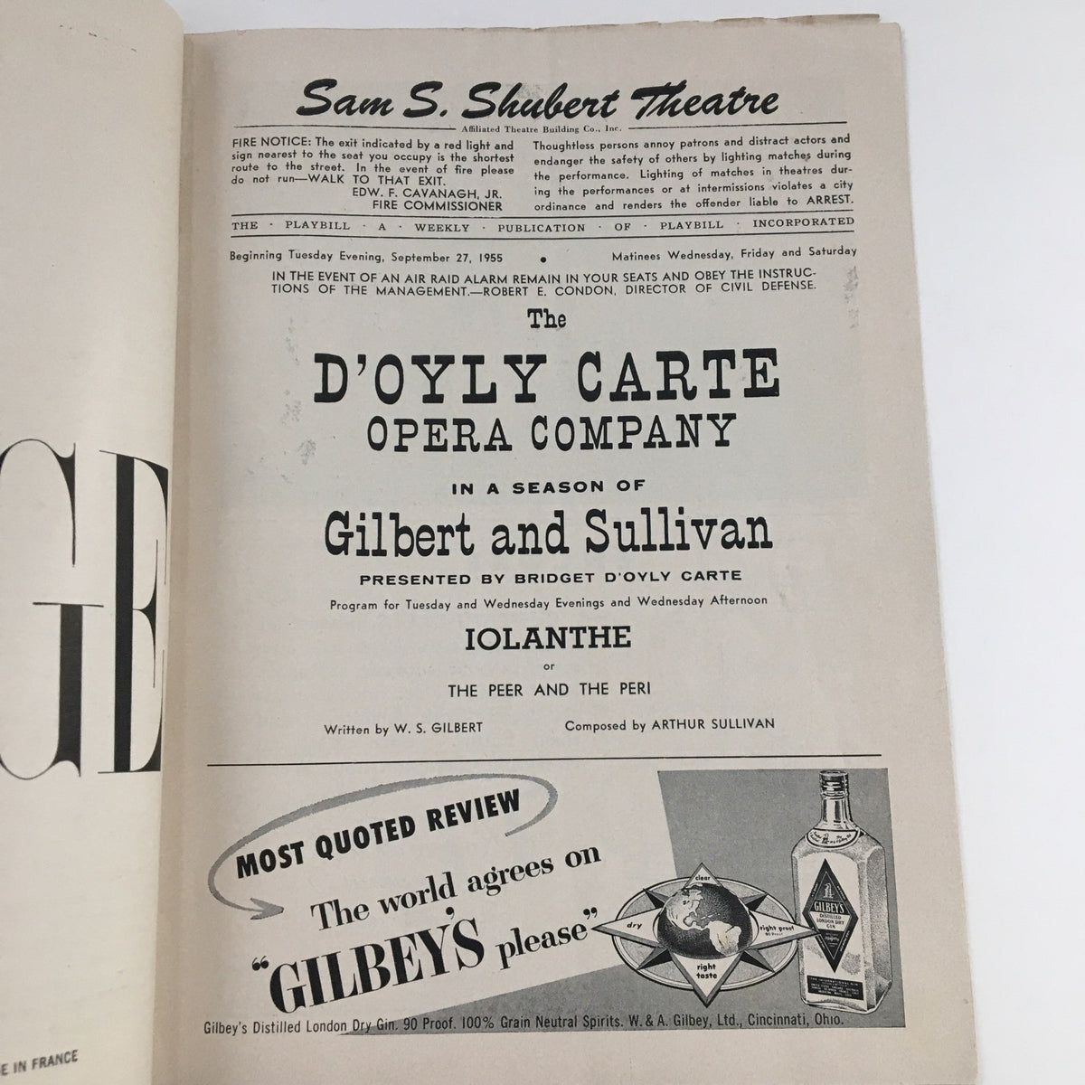 Interior page of the 1955 Playbill showcasing The D'Oyly Carte Opera Company in a Season of Gilbert and Sullivan at Sam S. Shubert Theatre with show details.