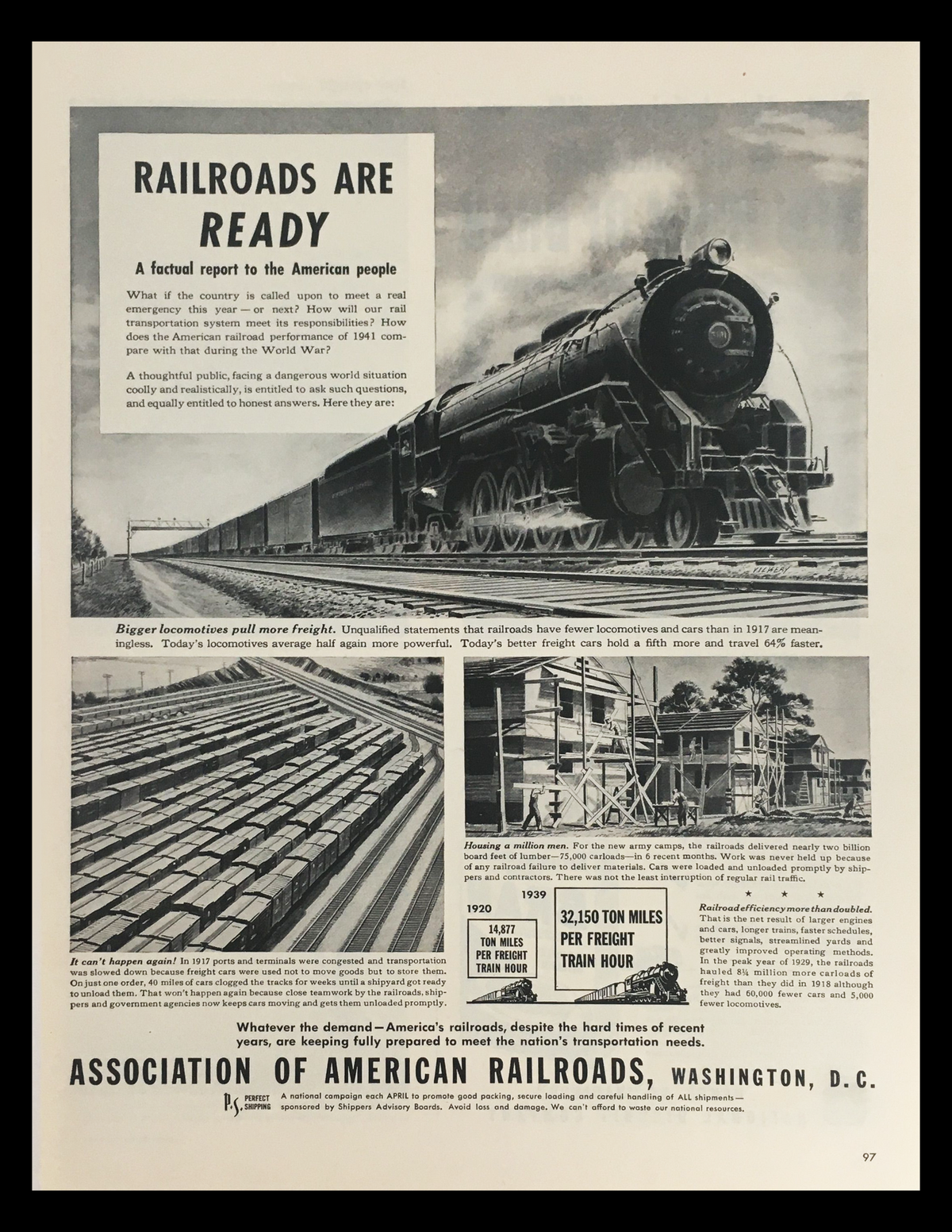 1941 Association of American Railroads Locomotives Freight Vintage Print Ad showcasing a powerful steam locomotive and freight cars, highlighting the significance of railroads in transportation history.