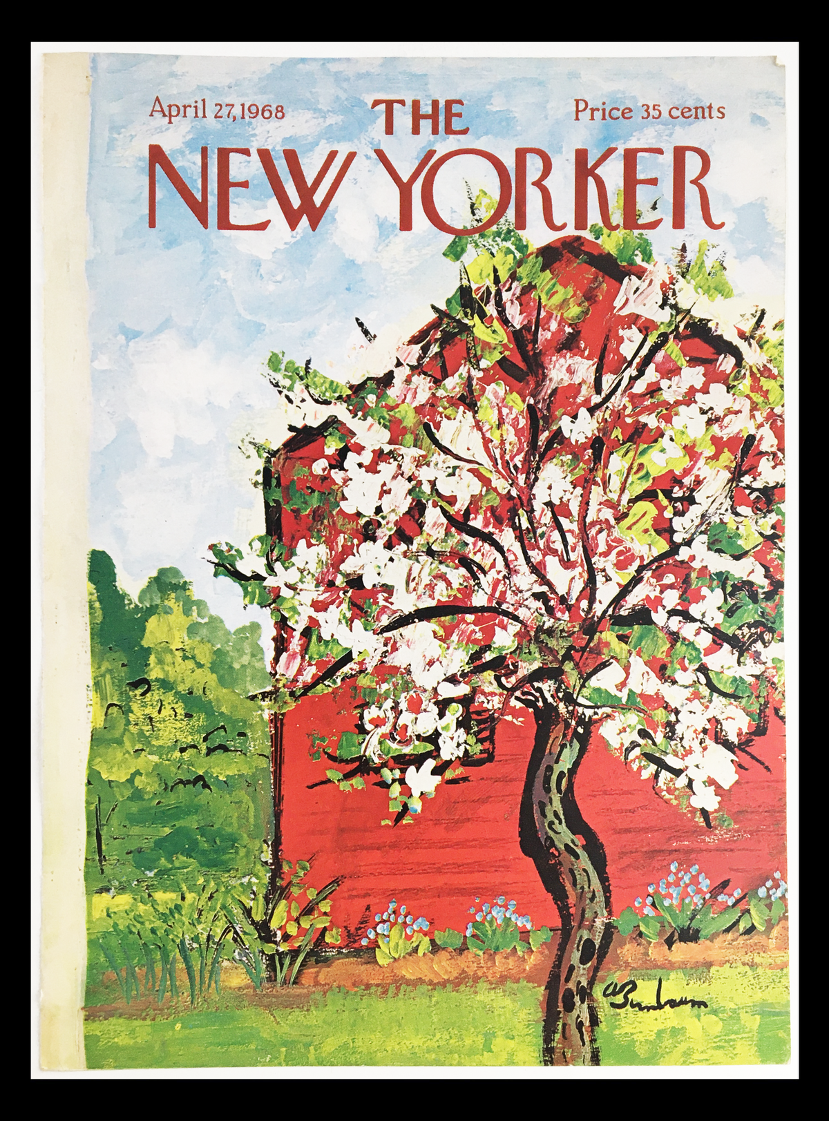 COVER ONLY The New Yorker April 27 1968, featuring a vibrant illustration of a flowering tree in front of a red barn, by artist Abe Birnbaum.