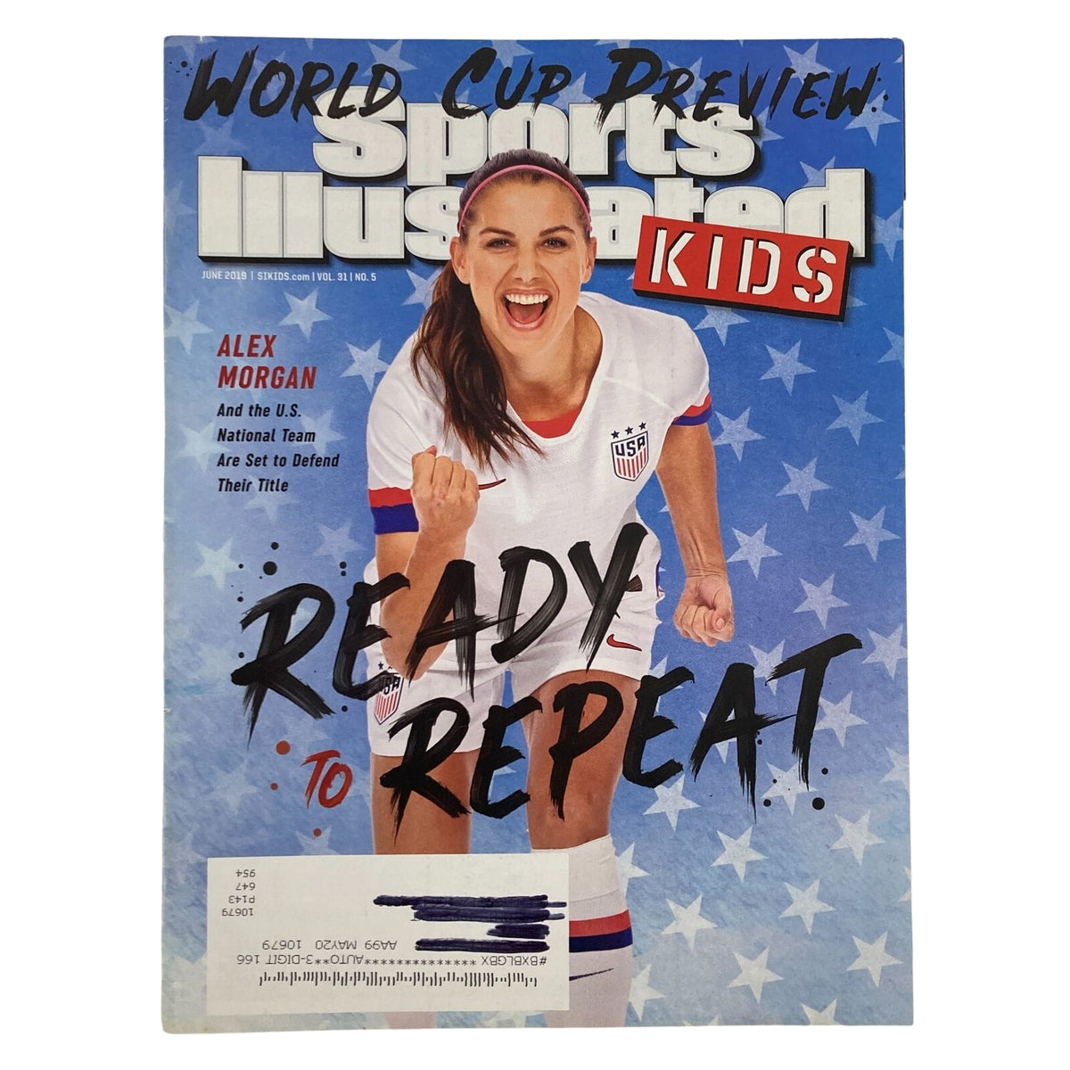 Cover of Sports Illustrated Kids magazine featuring Alex Morgan with the title 'World Cup Preview - Ready to Repeat' in a vibrant design, part of the Lot of 6 2000s Sports Illustrated Kids Collection Magazine LeBron James NO CARDS.