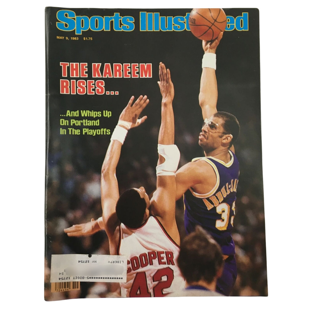 Cover of Sports Illustrated magazine from May 9, 1983, highlighting Kareem Abdul-Jabbar with the title 'The Kareem Rises... And Whips Up On Portland In The Playoffs', part of a collectible lot of 10 vintage basketball magazines.