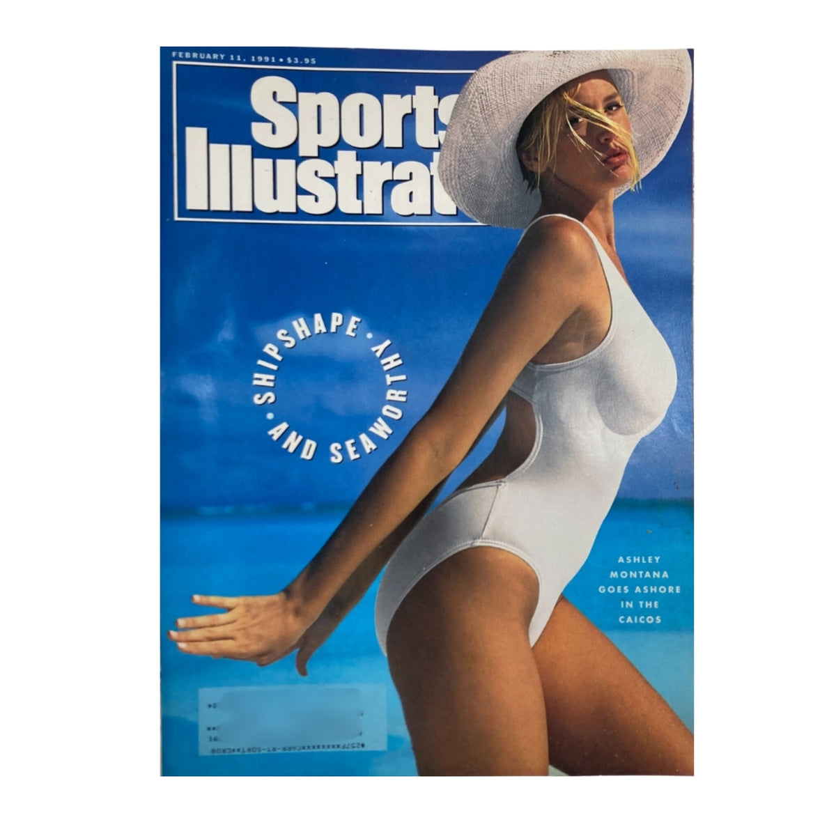 1991 Sports Illustrated Magazine Swimsuit Edition cover showcasing Ashley Montana in a white swimsuit and hat, titled 'Shipshape and Seaworthy'.