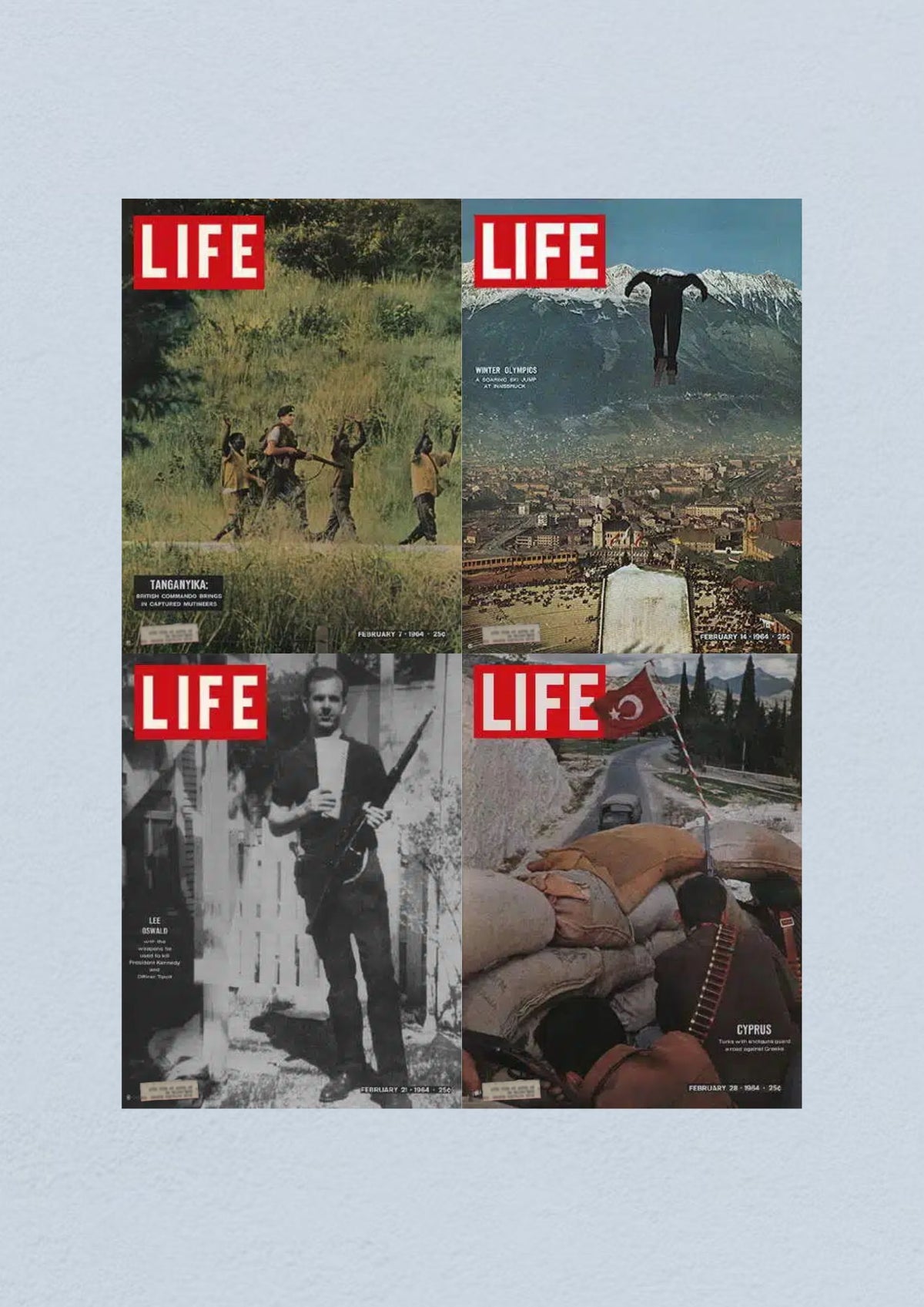 Life Magazine Lot of 4 Full Month February 1964 featuring Tanganyikan Mutinies, Winter Olympics coverage, Lee Harvey Oswald's weapon, and Cyprus unrest.