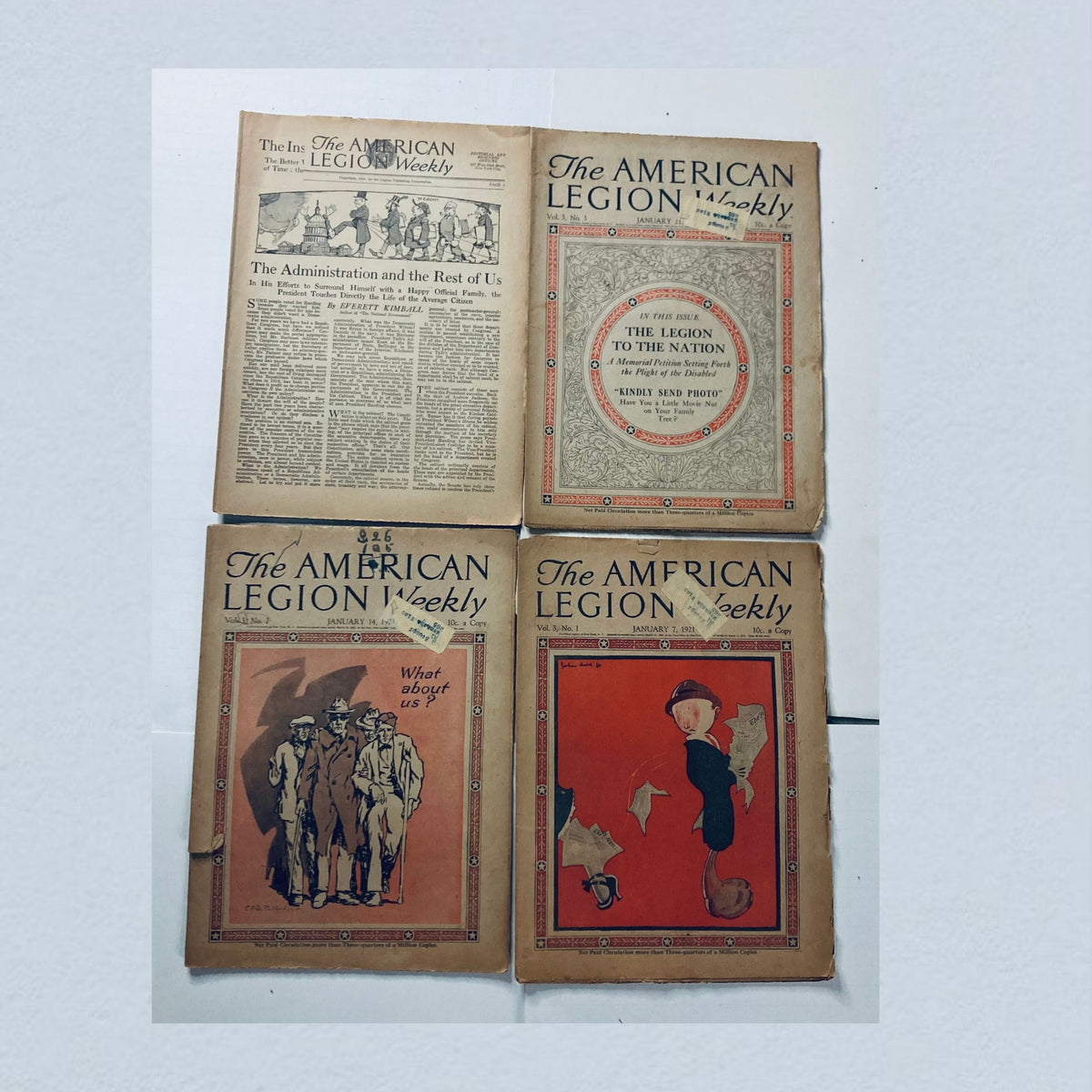 Lot of 40 VTG The American Legion Weekly Magazine January, December 1921 showcasing four vintage magazine covers, each highlighting historical themes from the early 1920s.