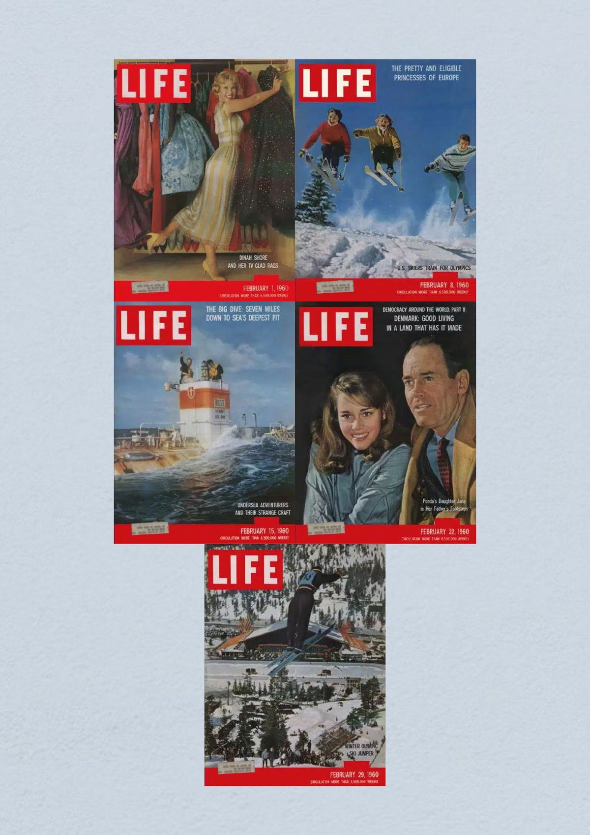 Life Magazine February 29, 1960 Cover showcasing winter sports with an athlete in mid-air; included in a lot of 5 full month issues from February 1960, capturing the essence of the Civil Rights Era.
