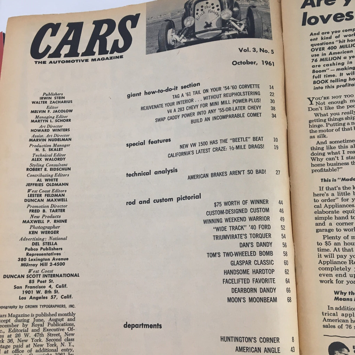 Table of contents from Cars Automotive Magazine October 1961 Vol 3 #5, listing various articles and features related to automotive engineering and customization.