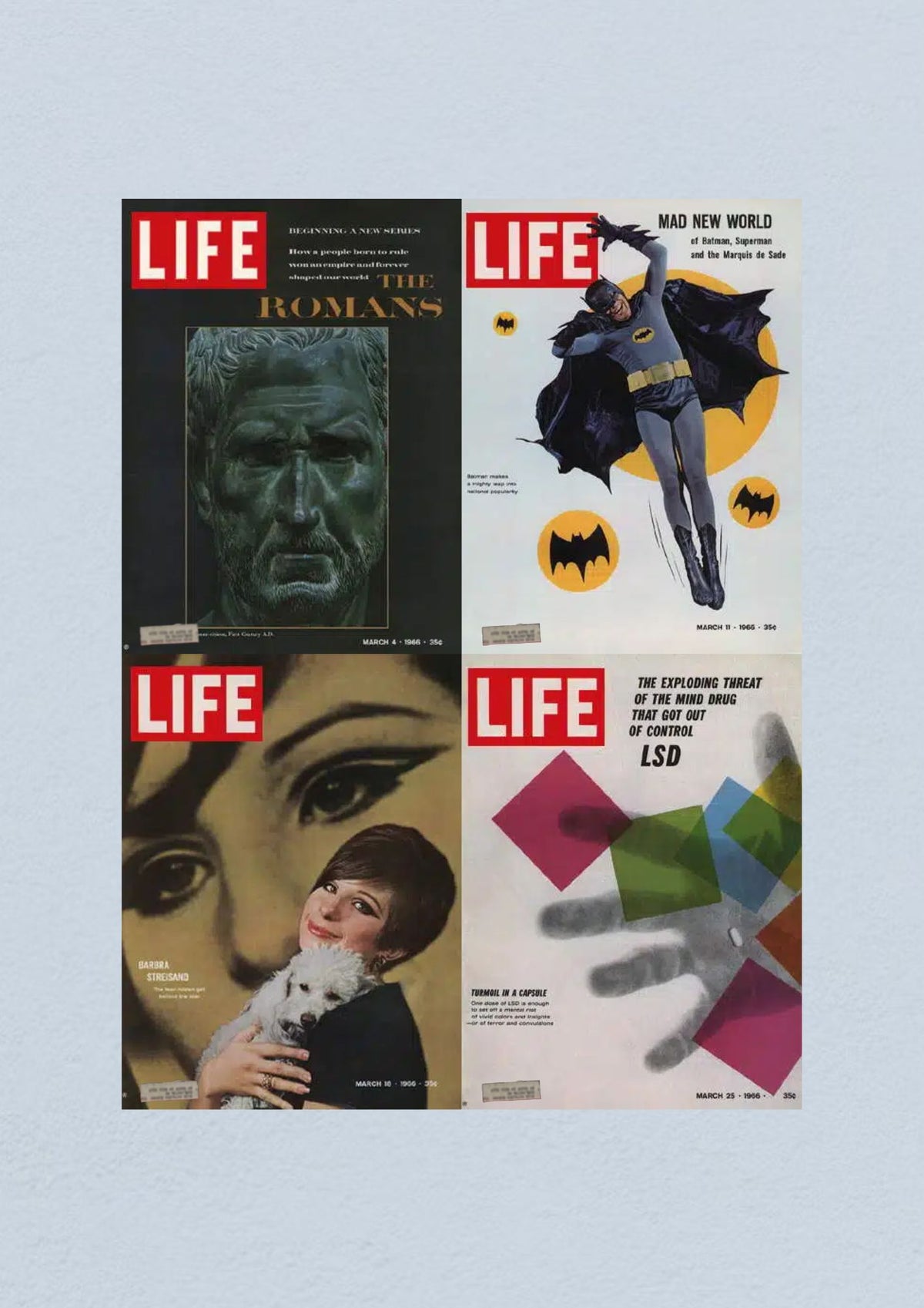 Life Magazine Lot of 4 Full Month of March 1966 featuring covers from March 4, 11, 18, and 25 depicting Roman history, Batman, Barbra Streisand, and LSD.