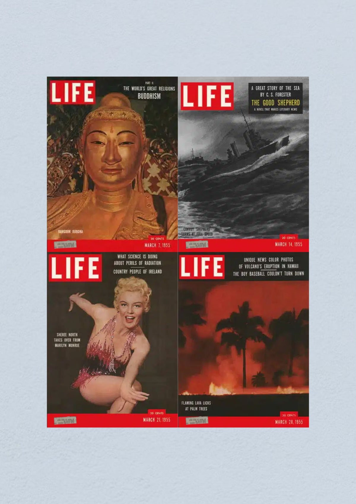 Life Magazine March 28, 1955 cover highlighting the volcanic eruption in Hawaii, capturing dramatic scenes of flaming lava.
