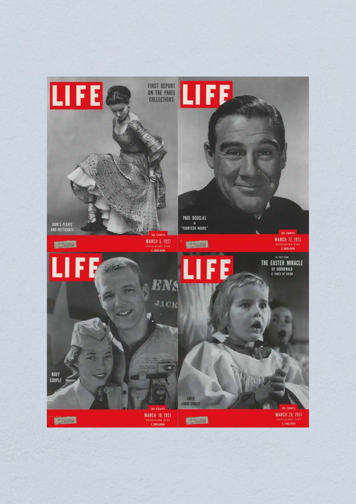 Life Magazine Lot of 4 Full Month March 1951 covers showcasing fashion, features on Paul Douglas, U.S. Navy Couple, and a child choir singer.