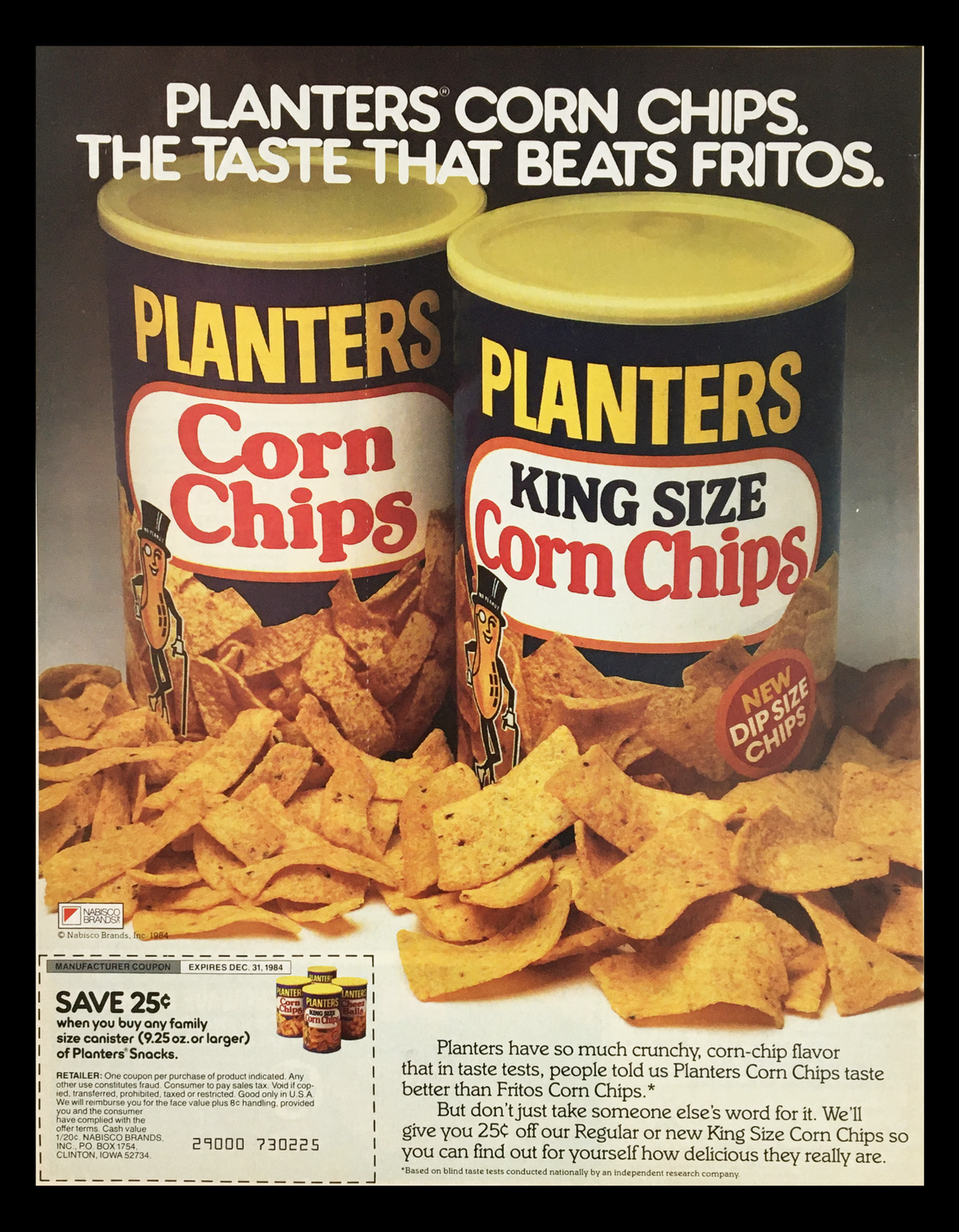1984 Planters King Size Corn Chips Circular Coupon Advertisement featuring two cans of Planters Corn Chips with a vibrant display of chips, emphasizing the flavor that beats Fritos. Includes a coupon for a discount.