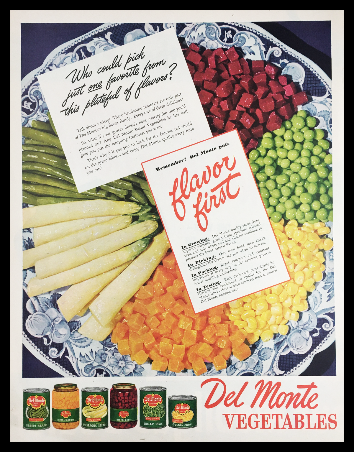 1945 Del Monte Vegetables Flavor First Vintage Print Ad showcasing colorful arrangement of vegetables including asparagus, peas, and carrots, accompanied by classic typography and branding details.