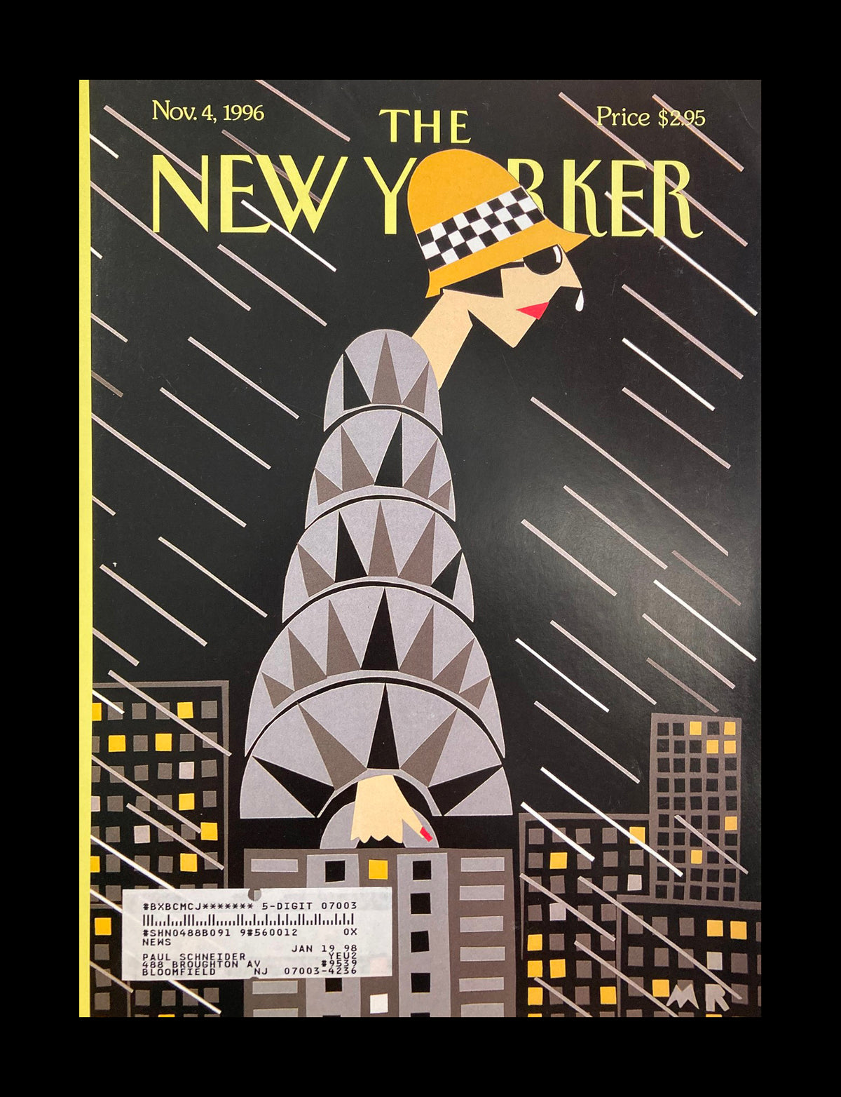 Cover of The New Yorker dated November 4, 1996, featuring the artwork titled 'Height of Fashion' by Michael Roberts, depicting a fashionably dressed woman in a shiny coat and a stylish hat against a rainy city backdrop.