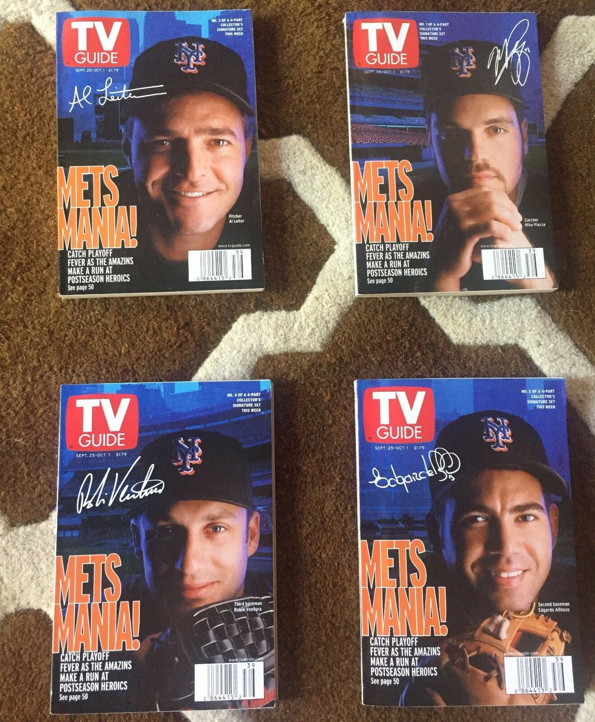 TV Guides New York 1999 featuring the Mets players: Mike Piazza, Robin Ventura, Al Leiter, and Edgardo Alfonzo with autographed covers. Highlighting the Mets Mania theme from September 25 to October 1, 1999.