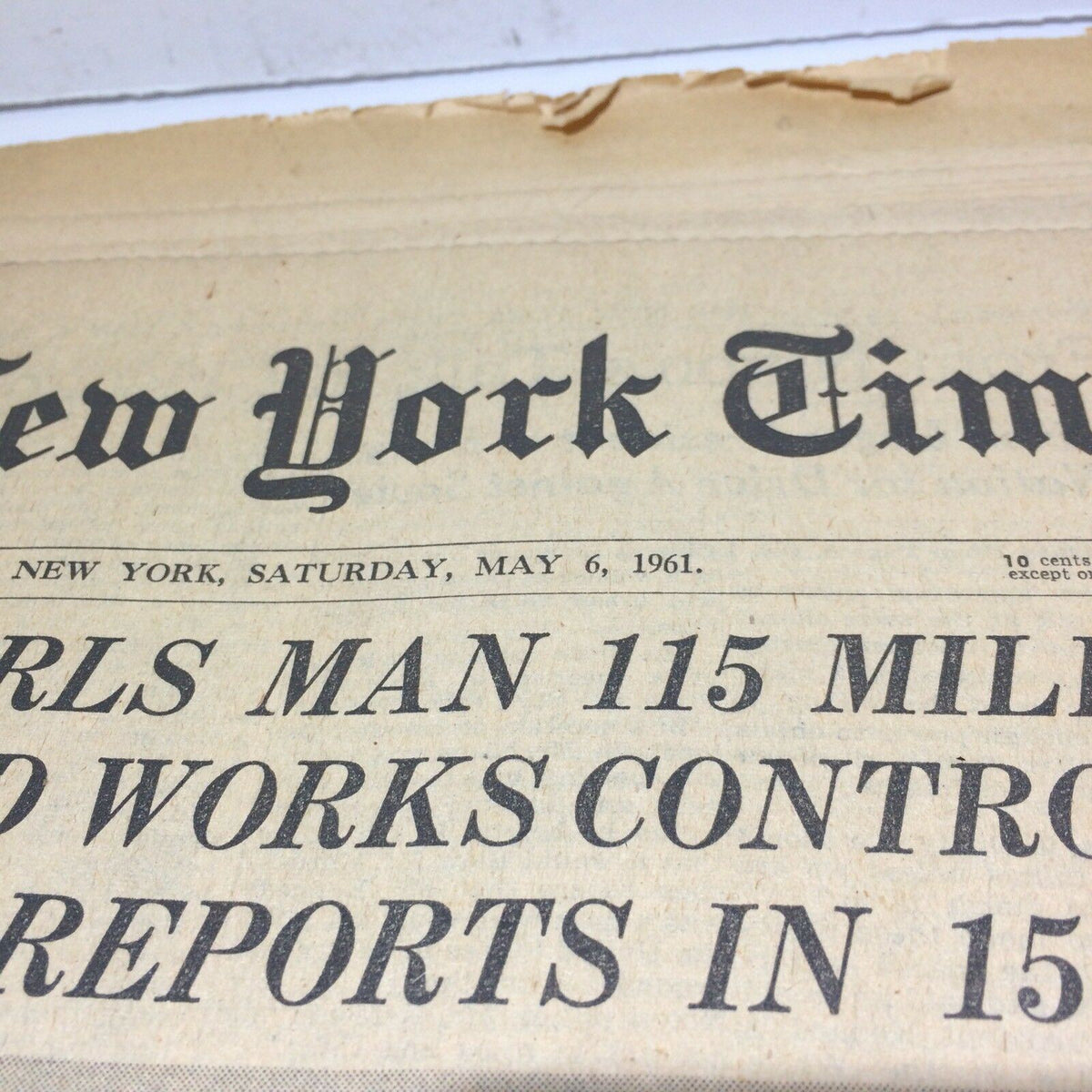 Close-up of the New York Times header dated May 6, 1961, highlighting the significant space flight achievements of that era.