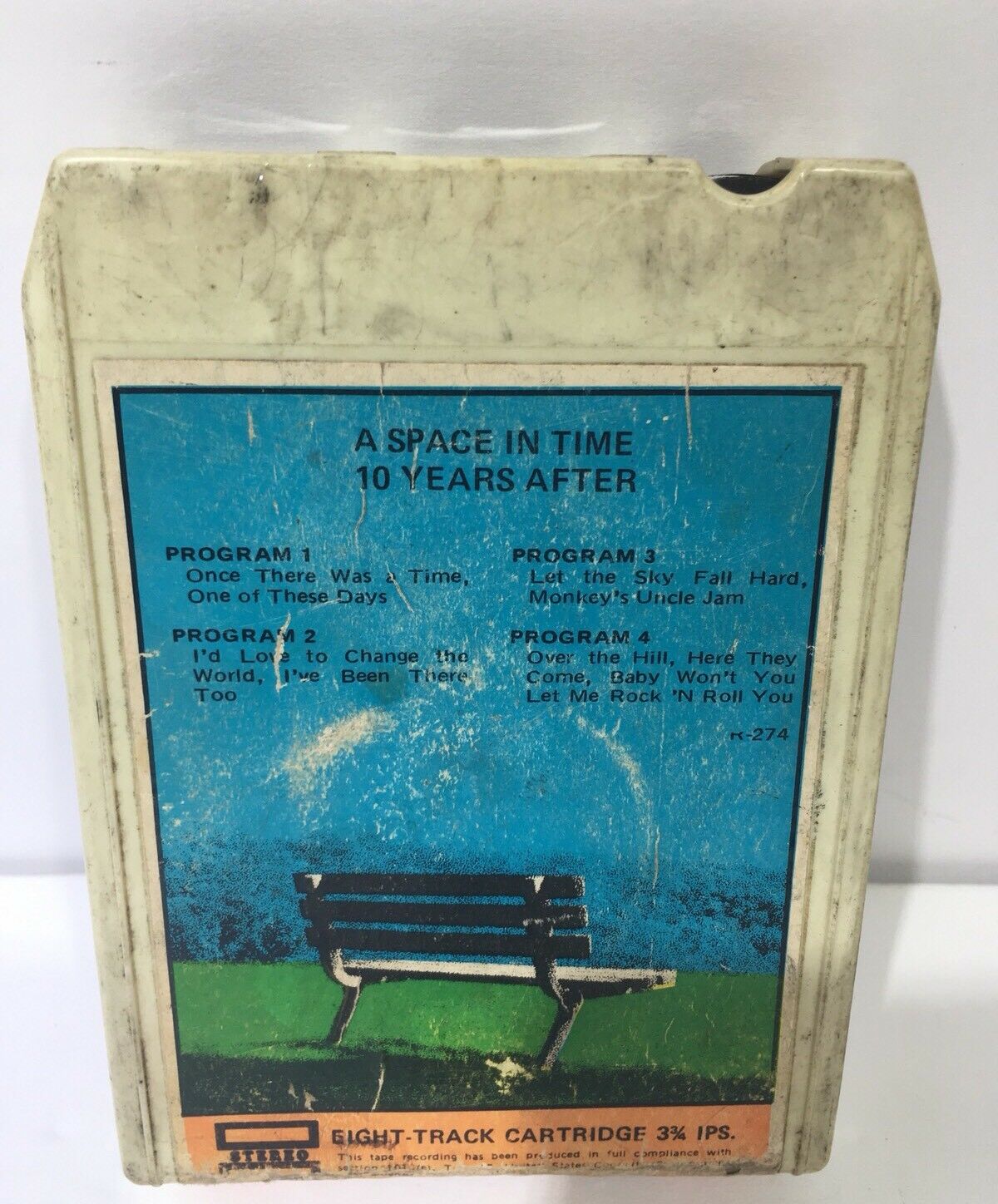 Back view of the vintage 'A Space In Time' 8 Track Tape by Ten Years After showcasing track listing and iconic artwork, perfect for collectors of music memorabilia.