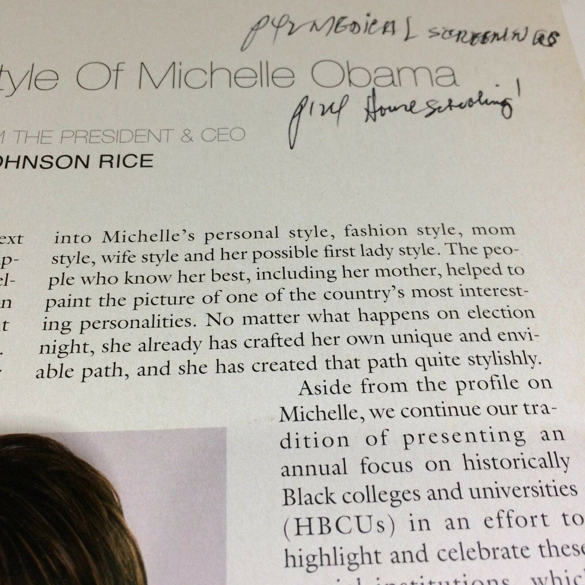 Inside page of Ebony Magazine September 2008 discussing Michelle Obama's personal style, fashion, and her influential role in society.