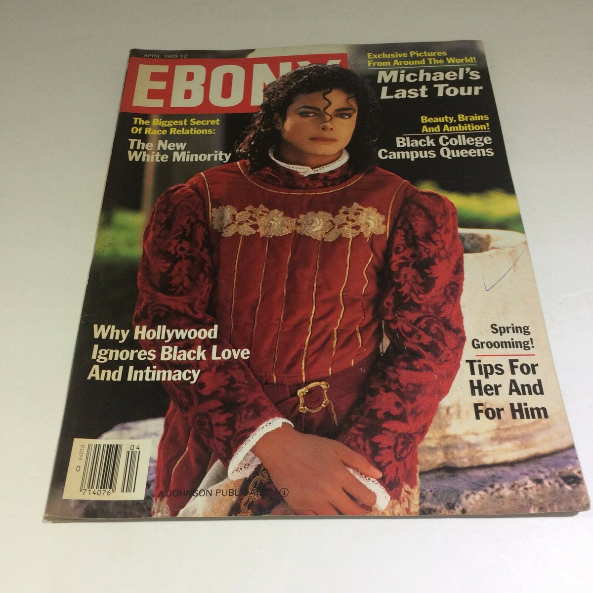 APRIL 1989 Vintage Ebony Magazine cover featuring Michael Jackson during his Last Tour, showcasing a stunning portrait of the iconic pop star.