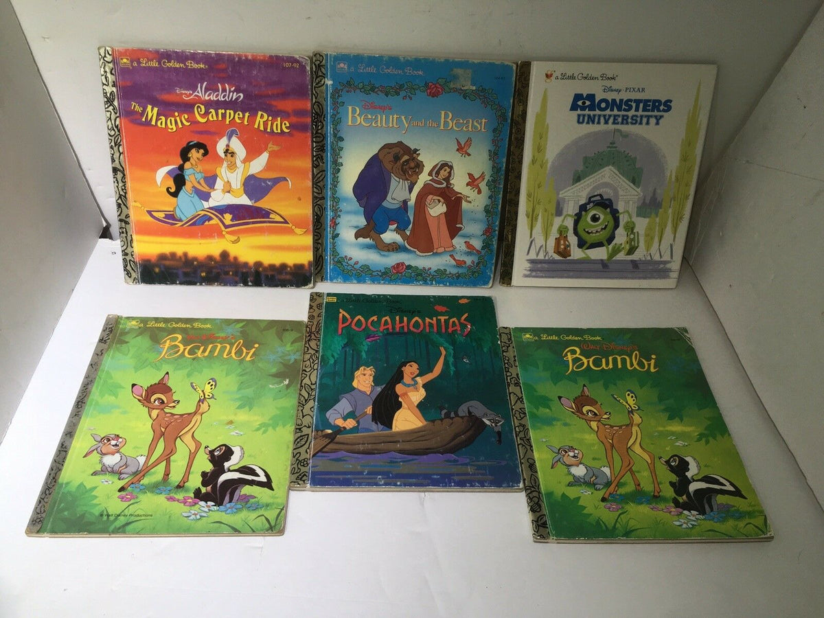 Collection of 6 Little Golden Books featuring Disney titles: Aladdin: The Magic Carpet Ride, Beauty and the Beast, Monsters University, Pocahontas, and two copies of Bambi, perfect for collectors and young readers.