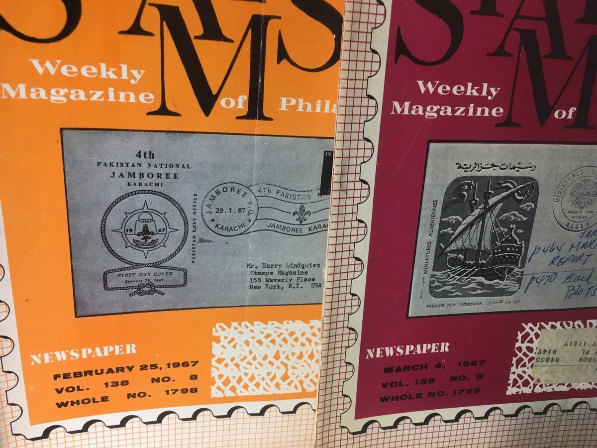 Close-up of two covers from the Vintage HTF Stamps Weekly Magazines of 1967, highlighting distinct designs and historical significance for collectors.