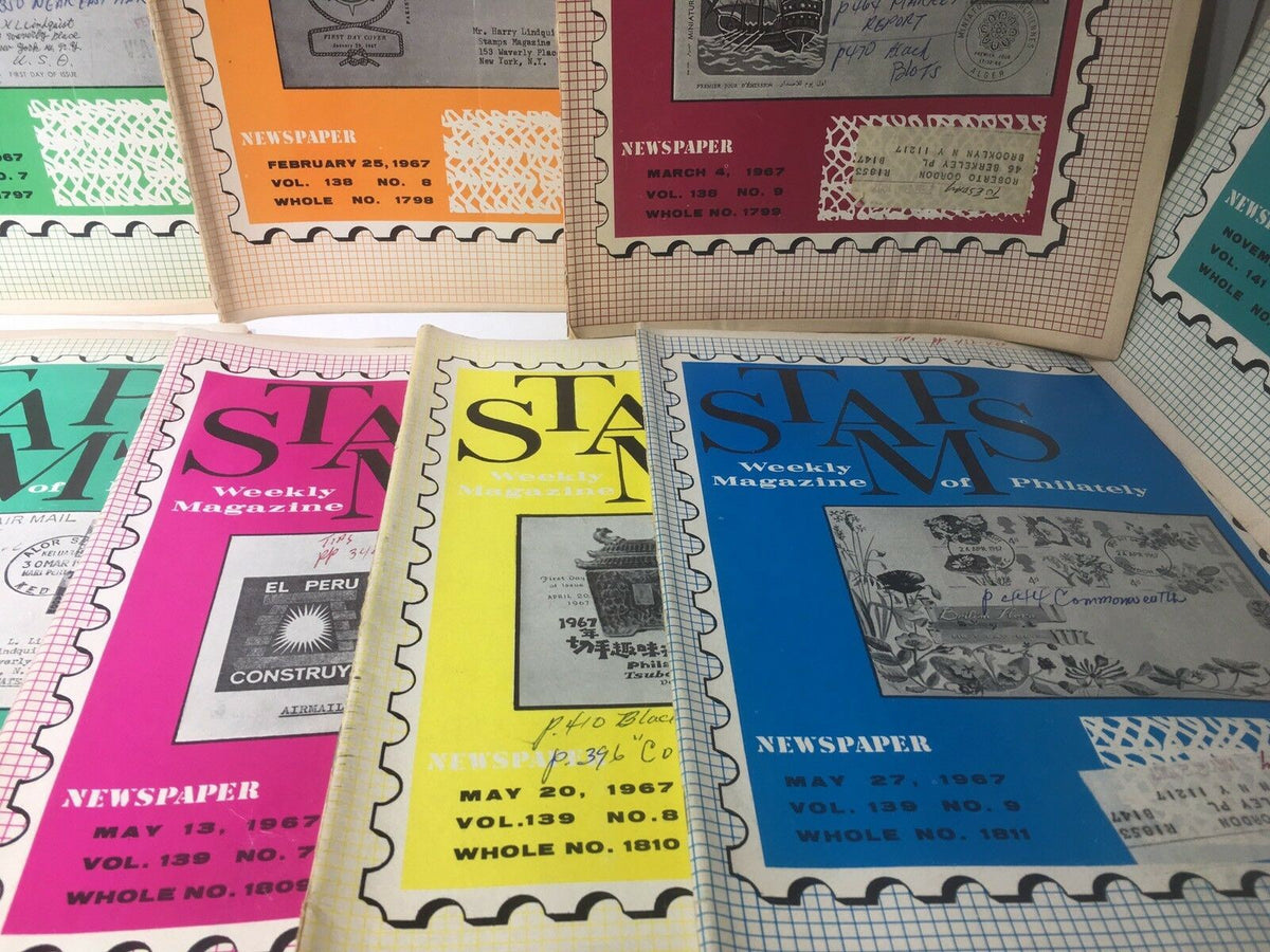 Vintage HTF Stamps Weekly Magazines from 1967 showcasing colorful covers, perfect for philately collectors.