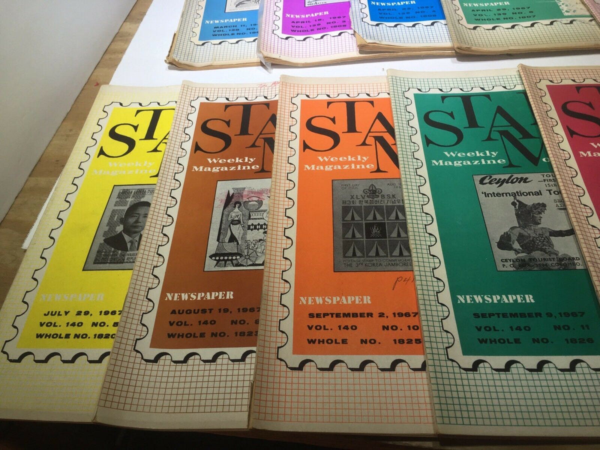 Lot of 24 Vintage HTF Stamps Weekly Magazines from 1967 featuring various issues with distinctive designs and topics.